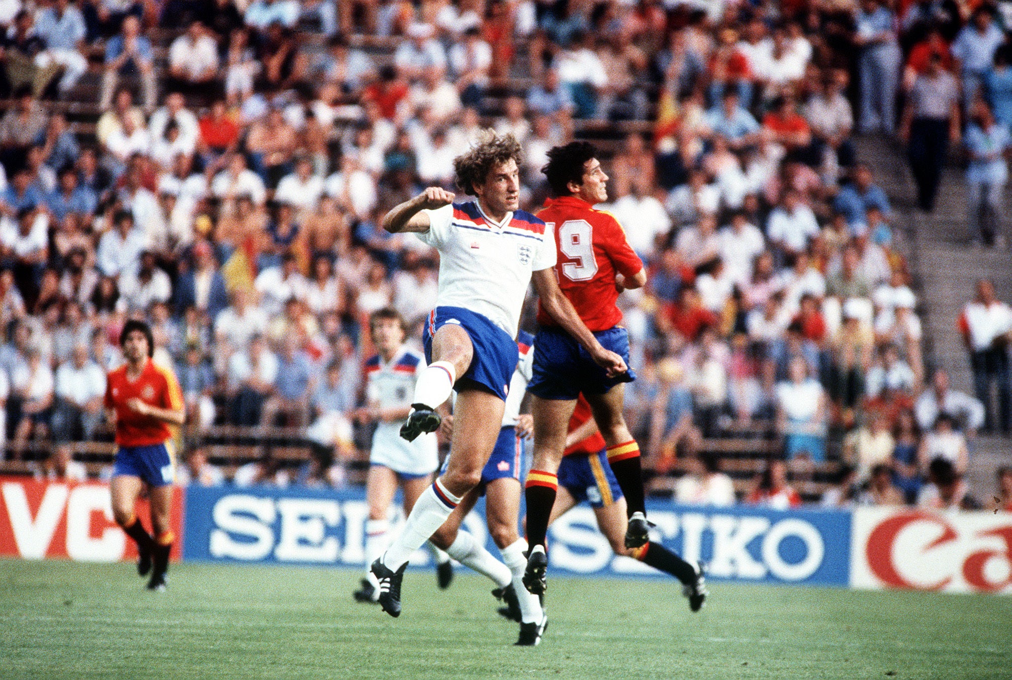 Terry Butcher makes an aerial challenge in England’s 1982 World Cup match against hosts Spain (PA Archive)