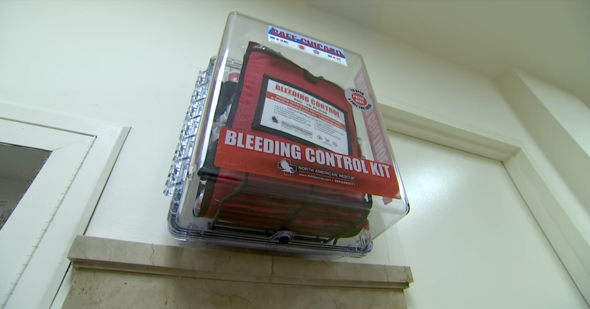 A bleeding control kit installed in a building in Chicago to address the scourge of gun violence plaguing the city.