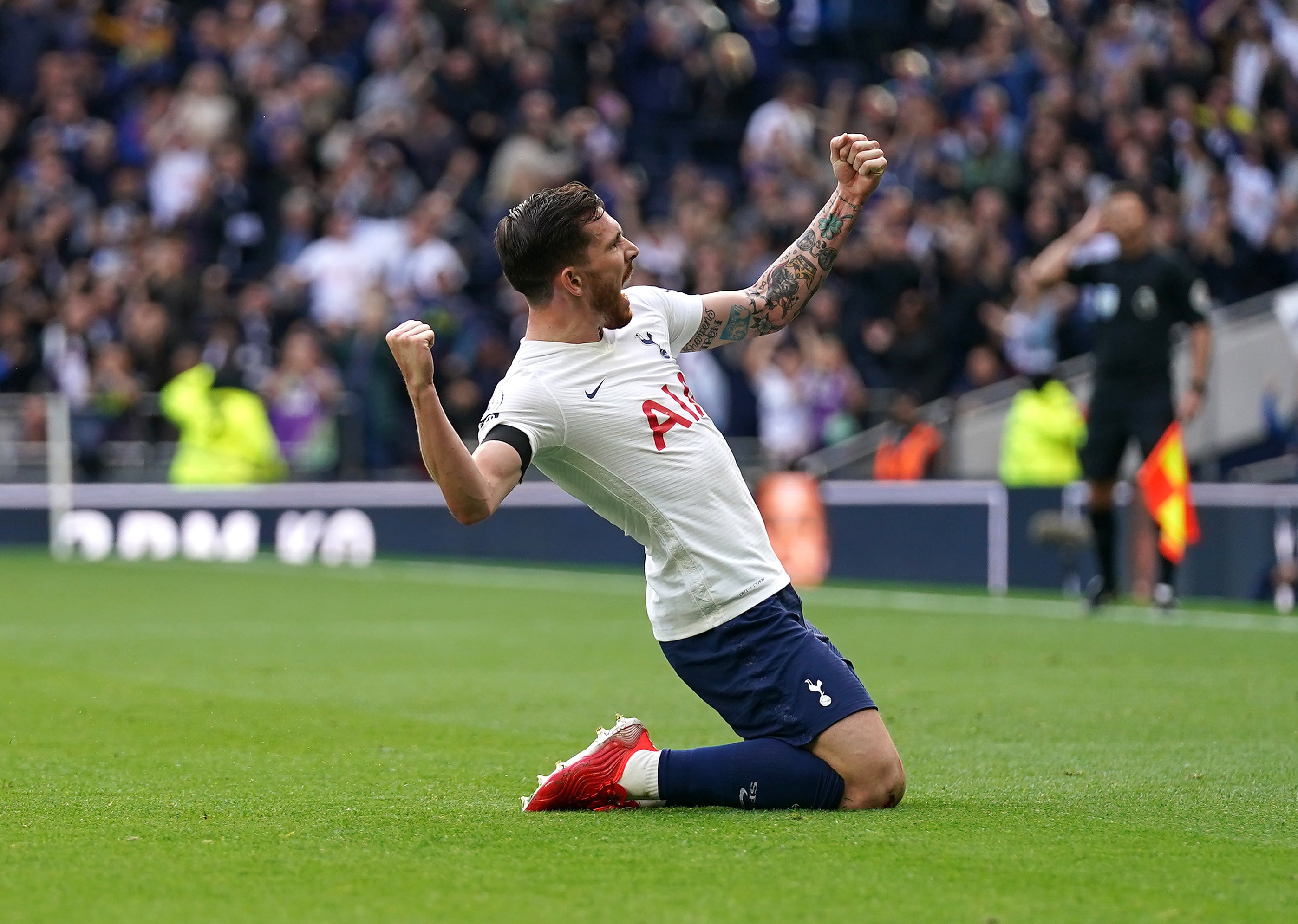 Pierre-Emile Hojbjerg celebrates scoring Spurs’ opener