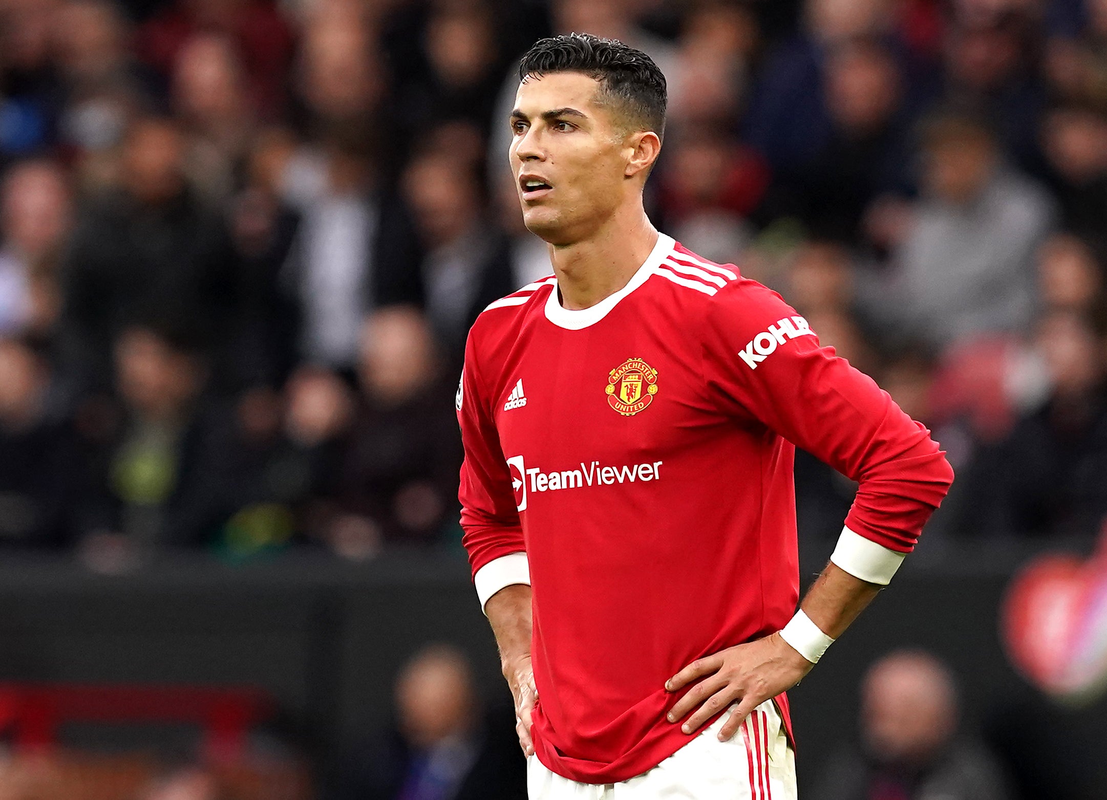 Cristiano Ronaldo cut a frustrated figure after being dropped to the Manchester United bench