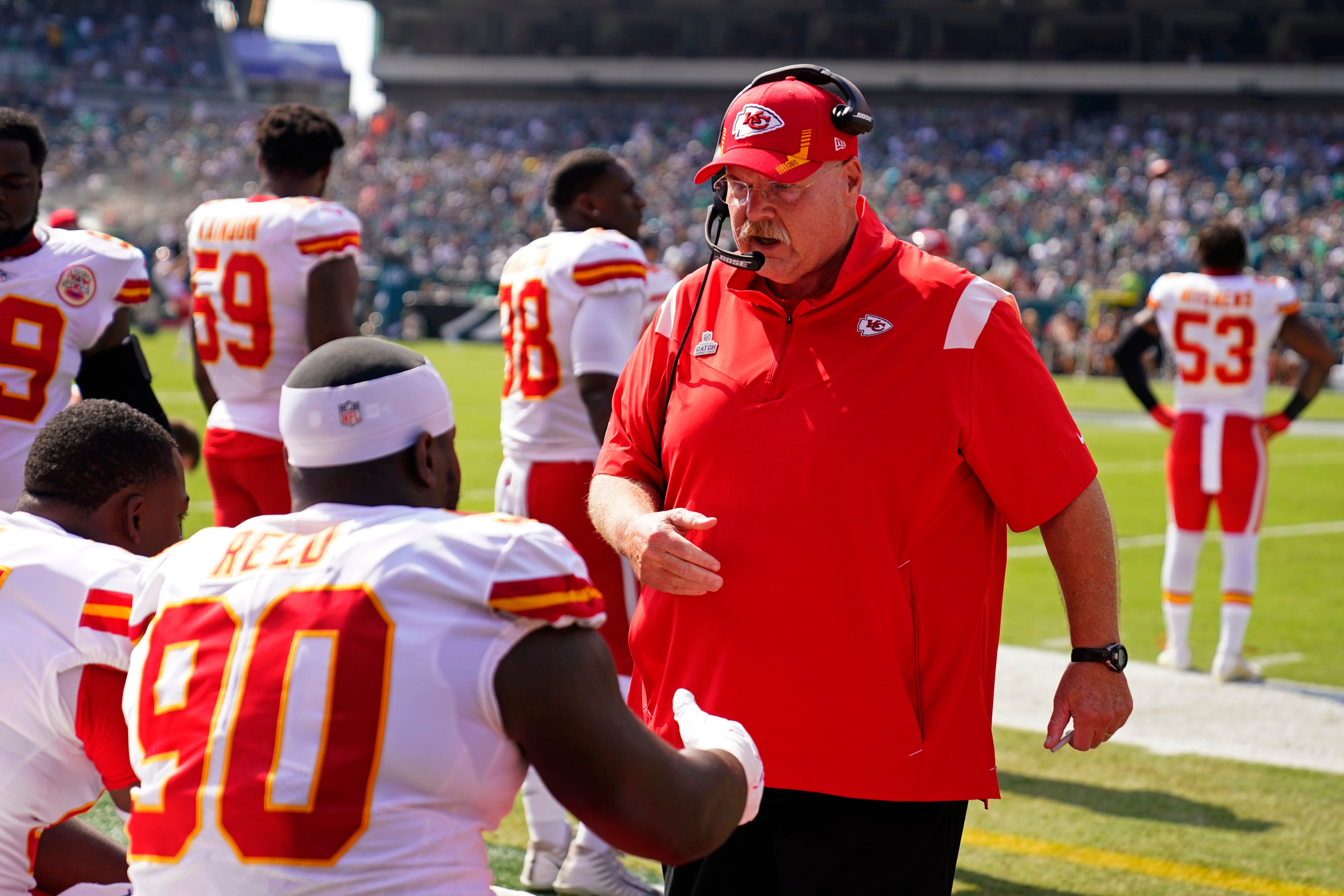 Kansas City Chiefs head coach Andy Reid talks to his players during the win against the Philadelphia Eagles (Matt Rourke/AP).