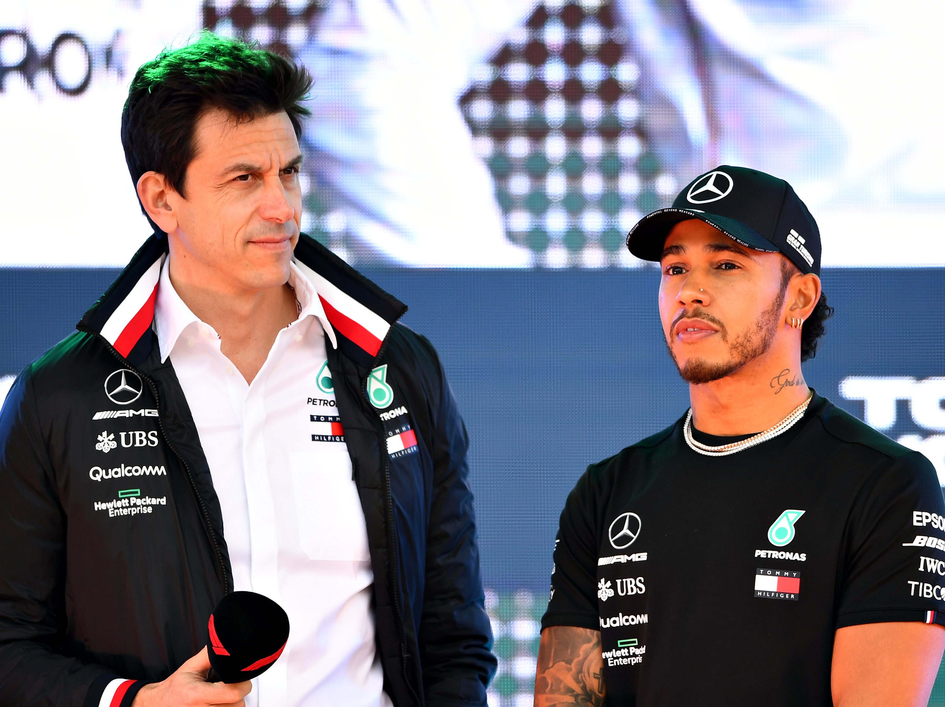 Mercedes team principal Toto Wolff (left) and Lewis Hamilton