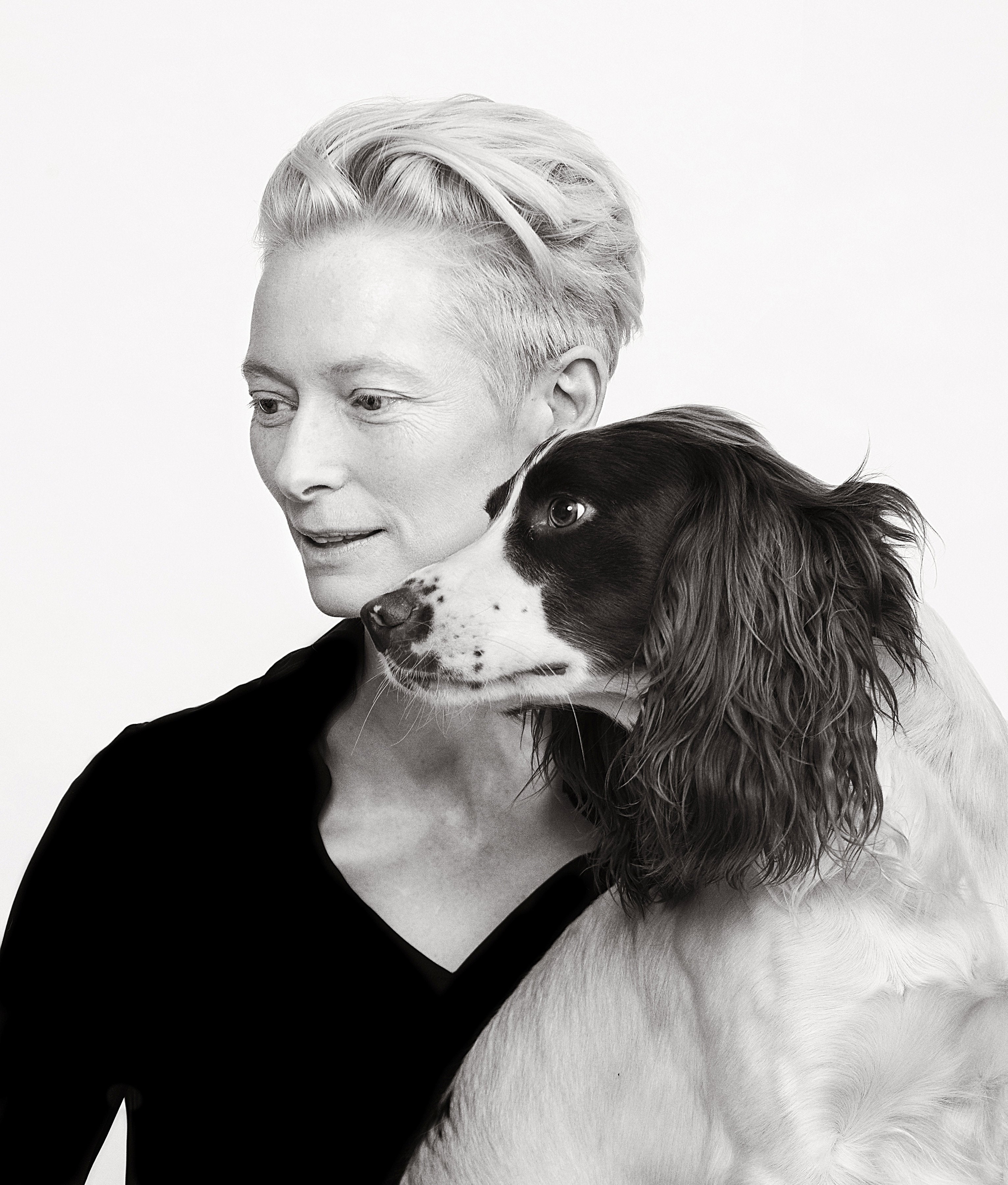 Tilda Swinton with her springer paniel Louis