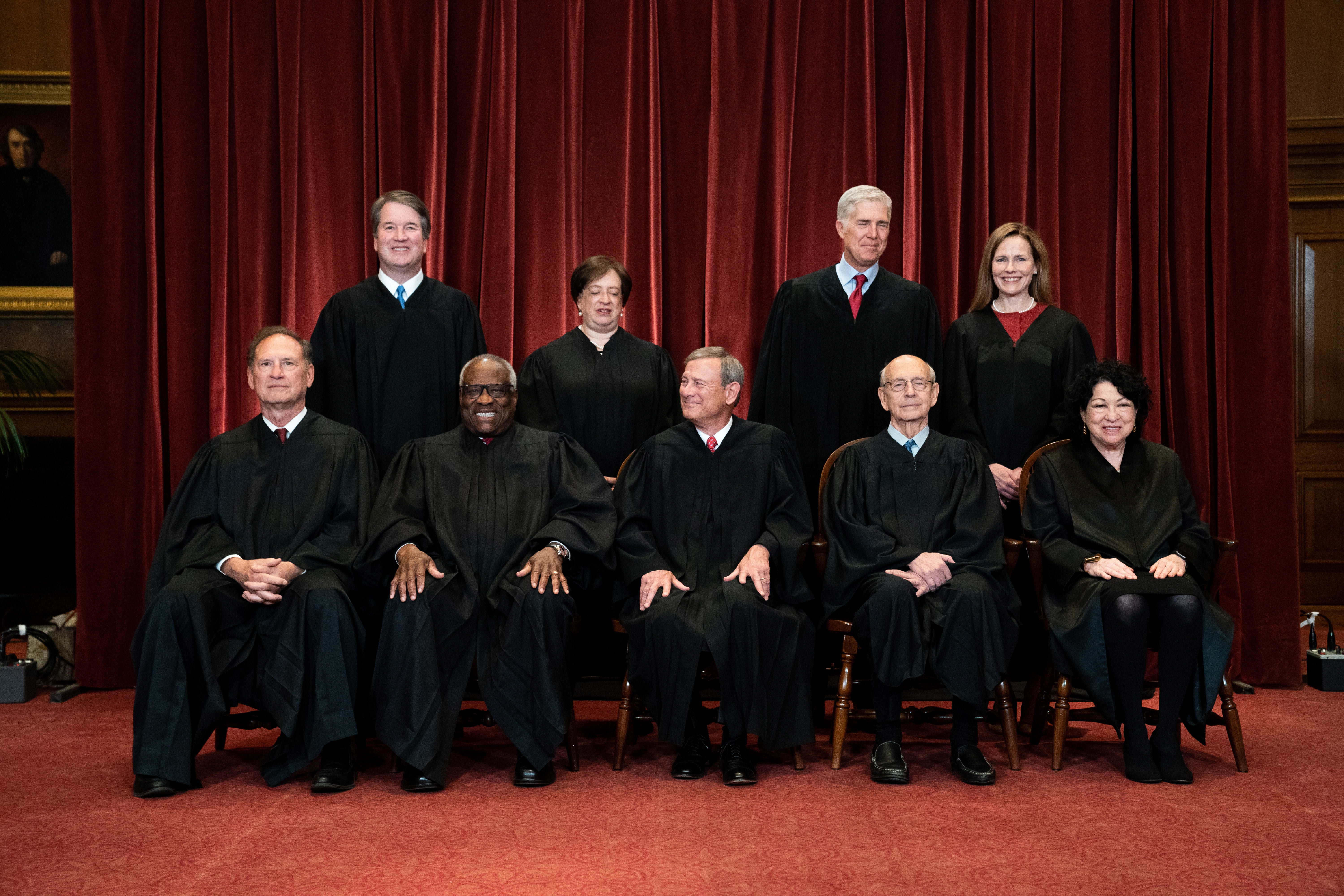 Members of the Supreme Court pose for a group photo at the Supreme Court in Washington, DC on 23 April 2021