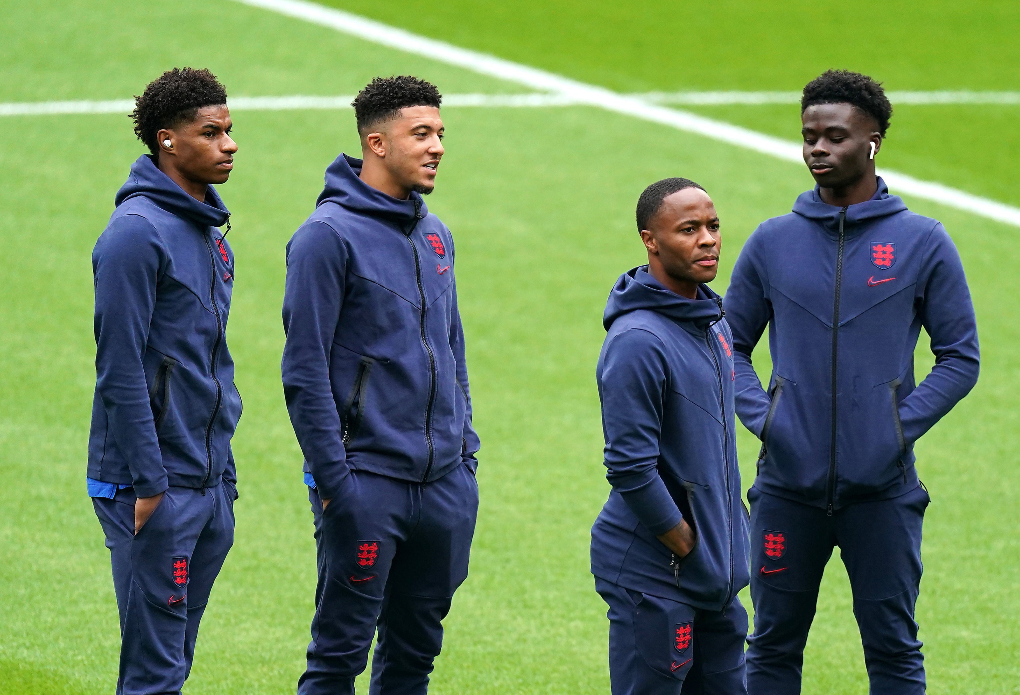 Pictured left to right, England player’s Marcus Rashford, Jadon Sancho, Raheem Sterling and Bukayo Saka.