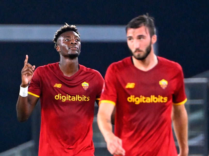 Tammy Abraham celebrates scoring for Roma