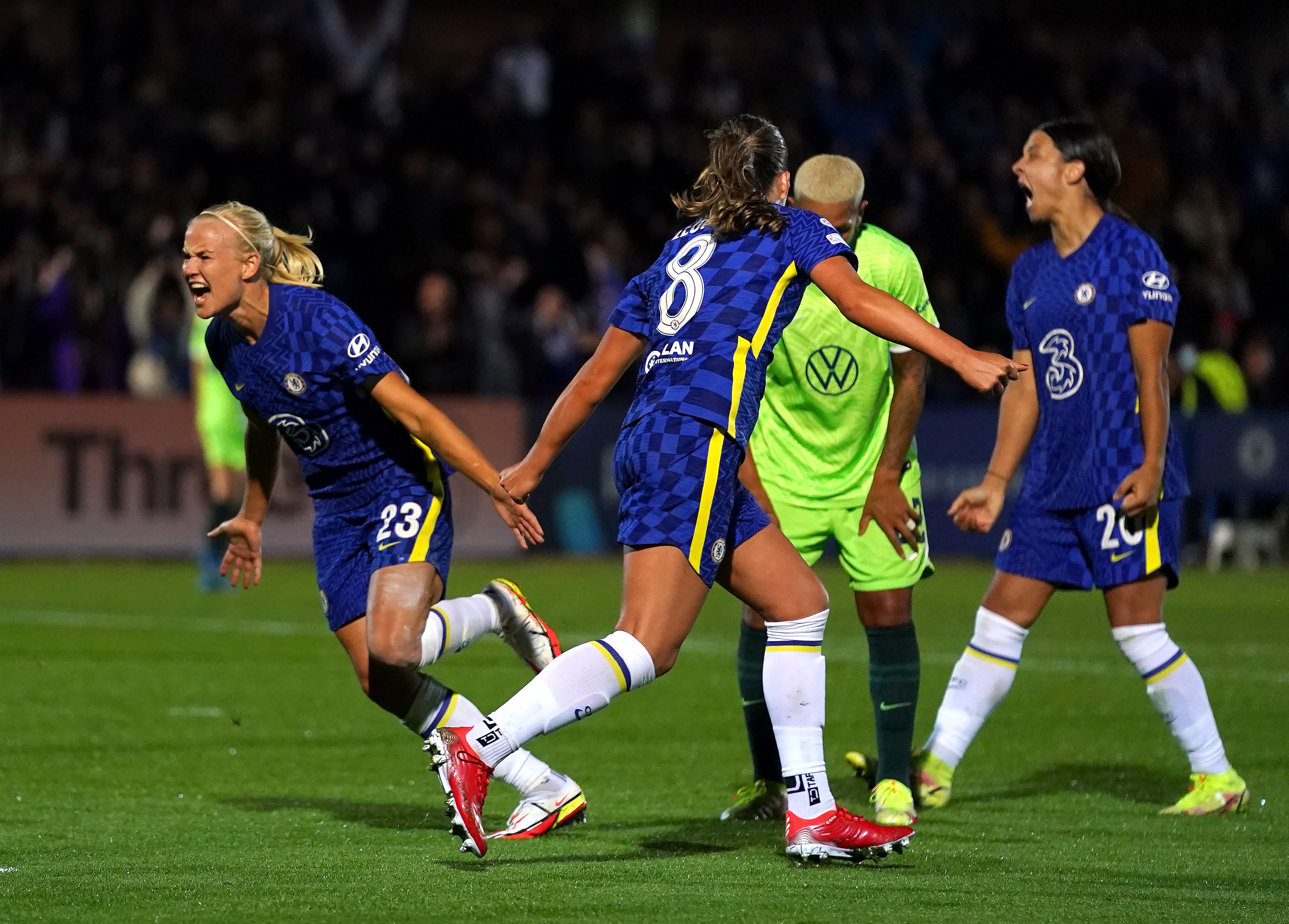 Pernille Harder (left) had a late equaliser against Wolfsburg to celebrate (Adam Davy/PA)