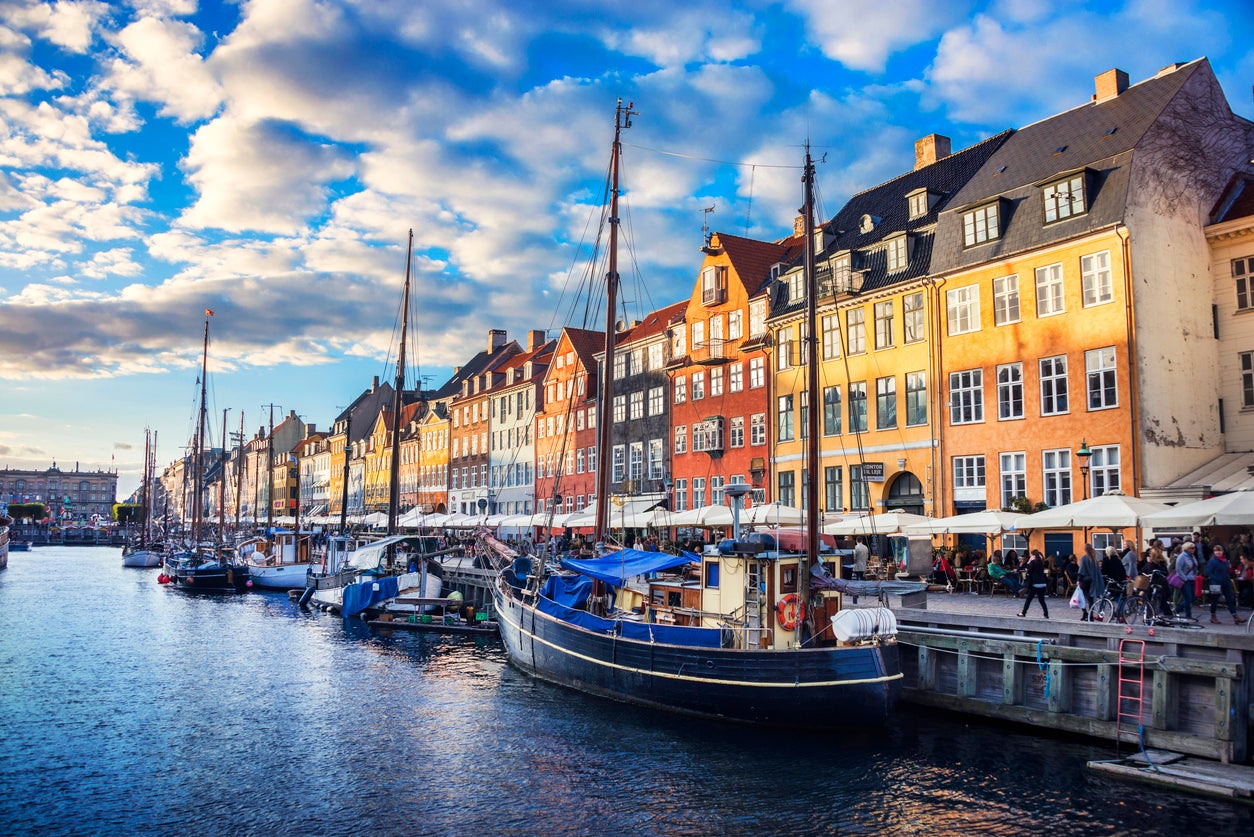 Traditional houses in Copenhagen old town Nyhavn at sunset