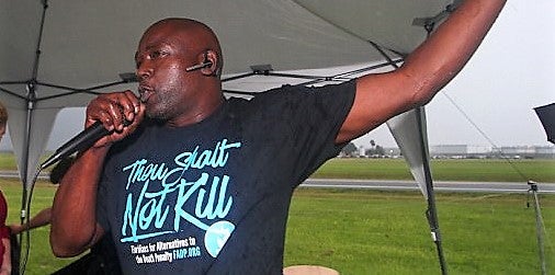 Herman Lindsey, now a board member at the advocacy group Witness to Innocence, protests the 2017 execution of Mark James Asay in Florida.