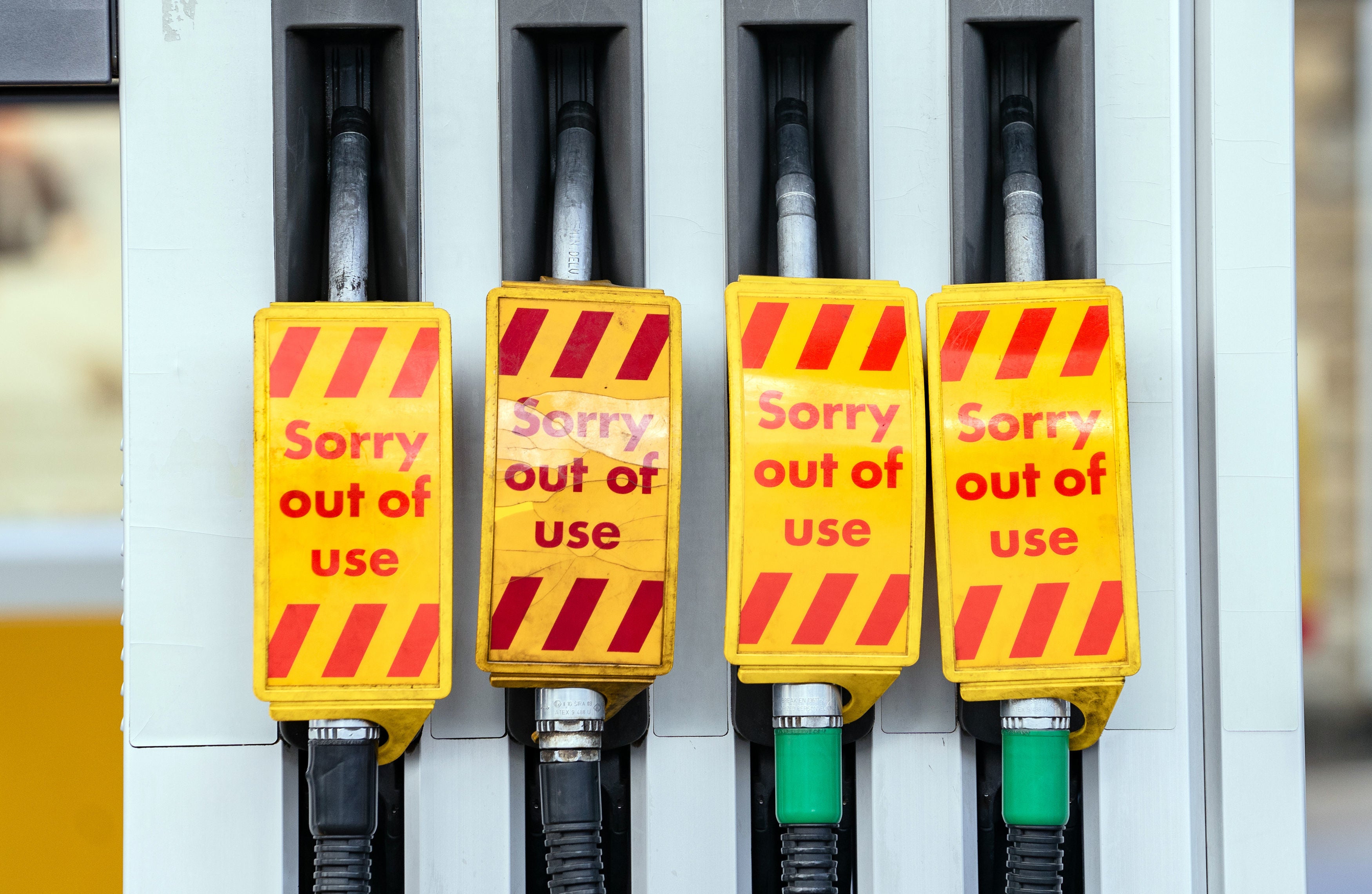 Fuel pumps out of use at a deserted petrol station forecourt in Bradley, West Yorkshire