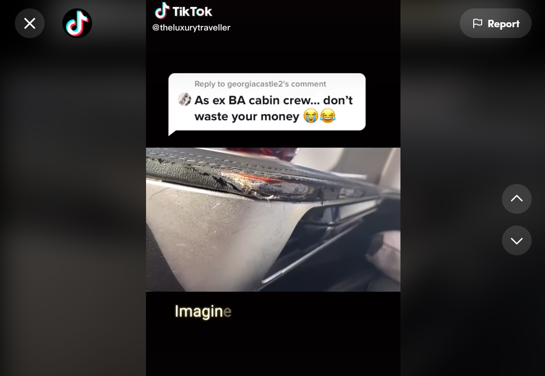 The TikTok video showed wear and tear in the BA first class cabin