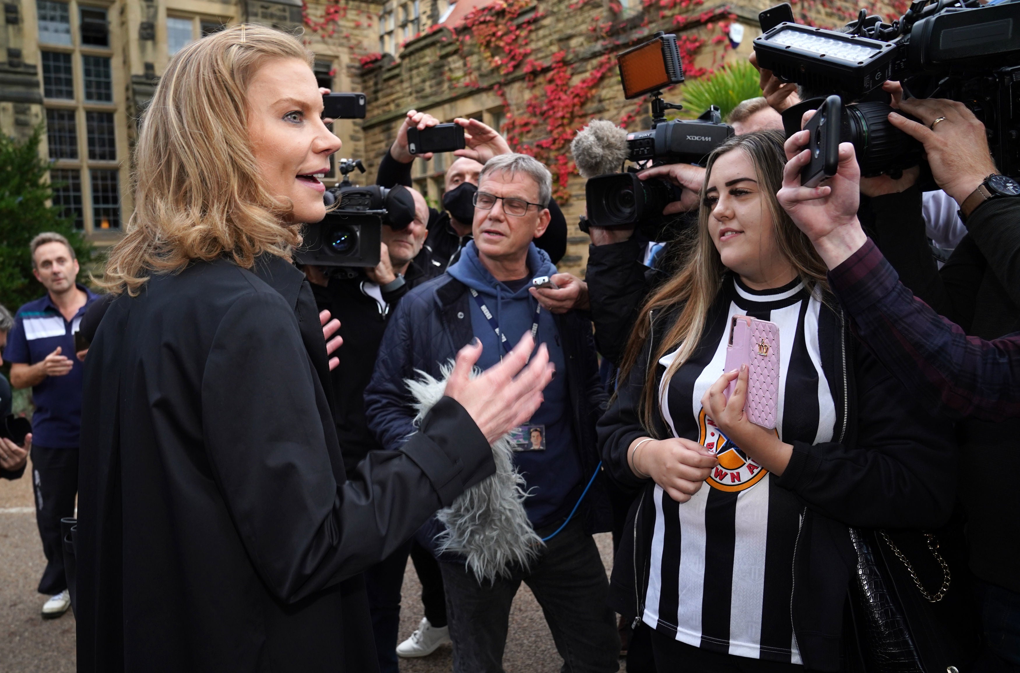 Amanda Staveley speaks to the media