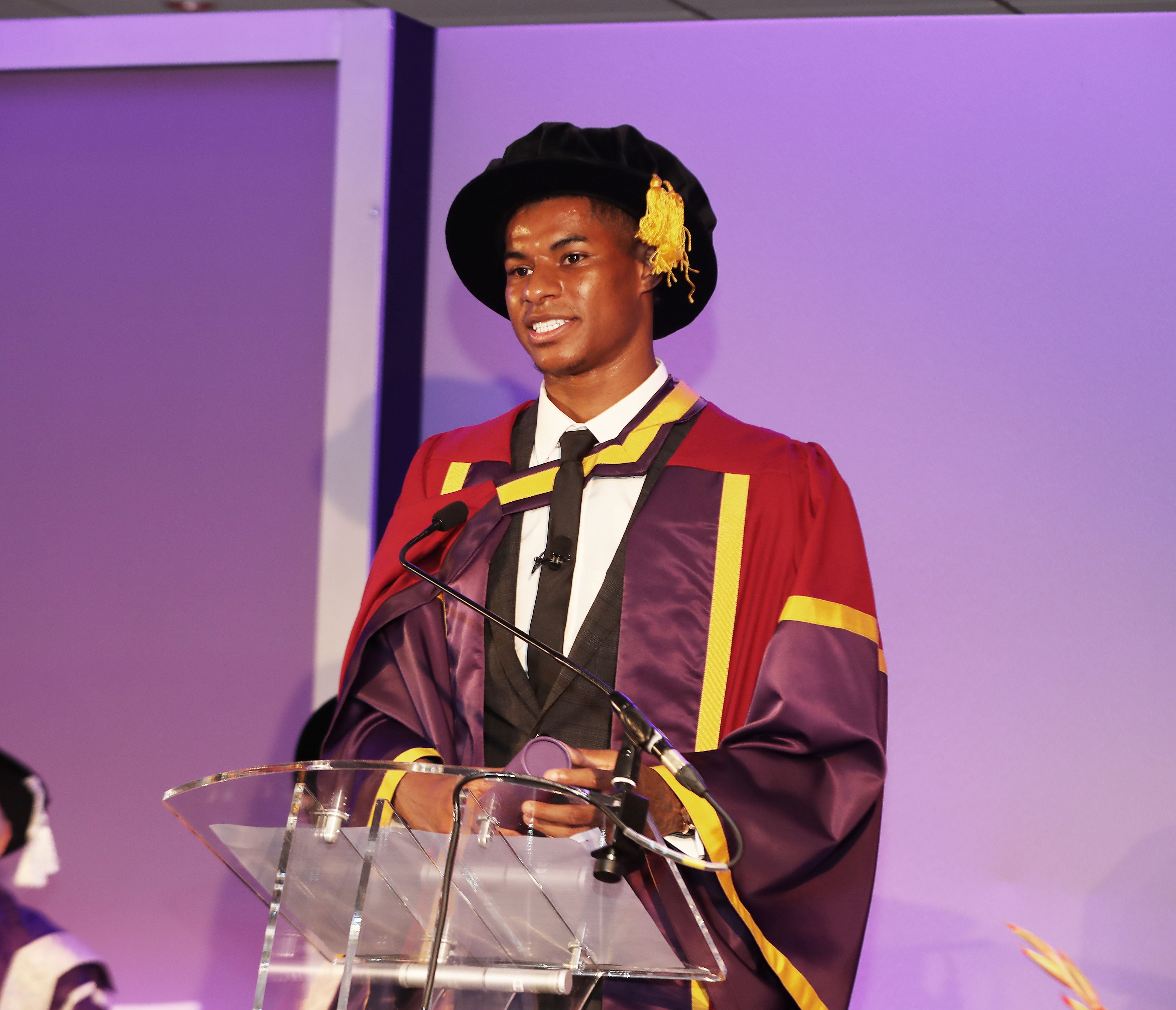 Marcus Rashford collects an honorary doctorate from the University of Manchester at Old Trafford (Manchester United Football Club/PA)