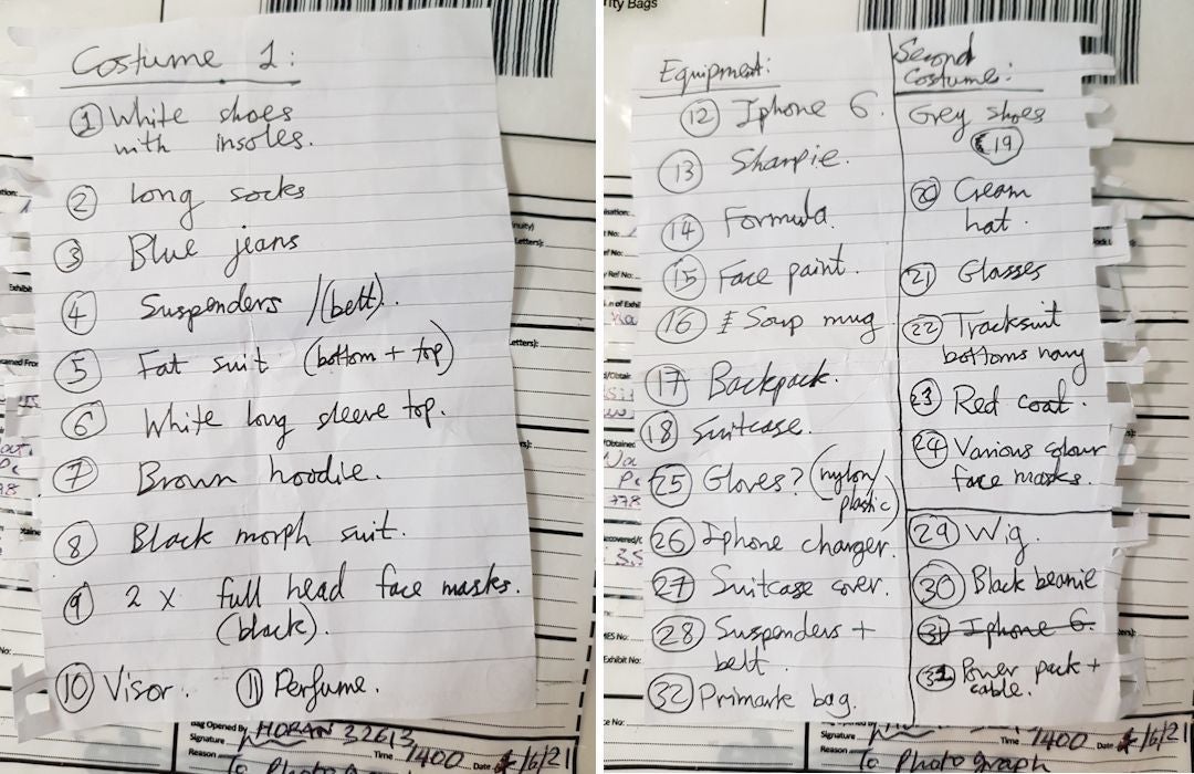 Rouf’s hand-written list detailing the costumes and equipment he used to attack Dr Alaoui