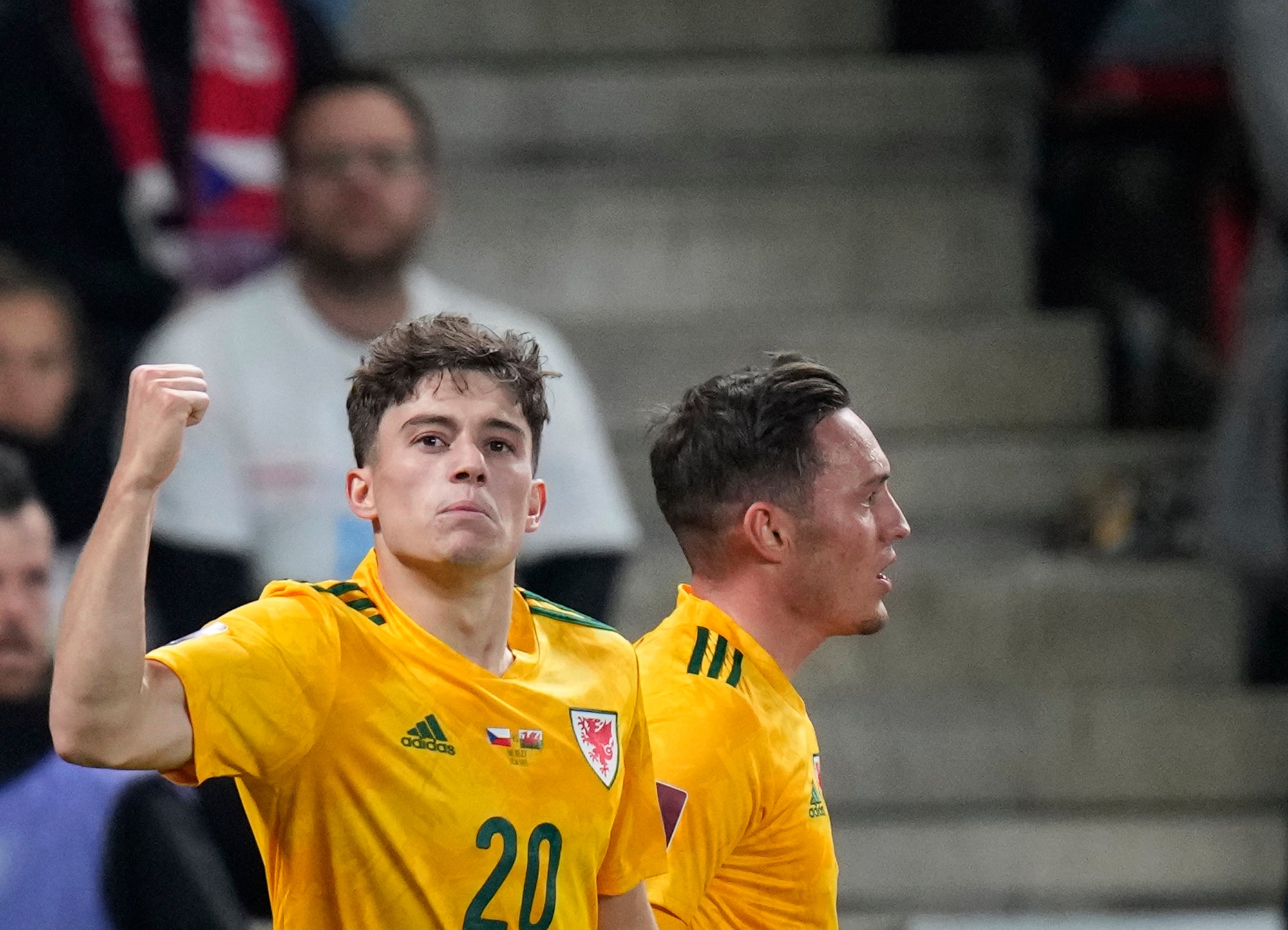 Daniel James (left) celebrates scoring Wales’ second goal in their 2-2 draw with the Czech Republic (Petr David Josek/AP)