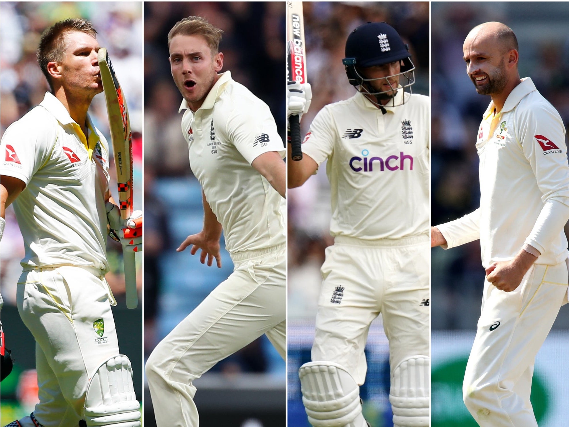 David Warner, left, and Stuart Broad will renew hostilities, as will Joe Root and Nathan Lyon, right