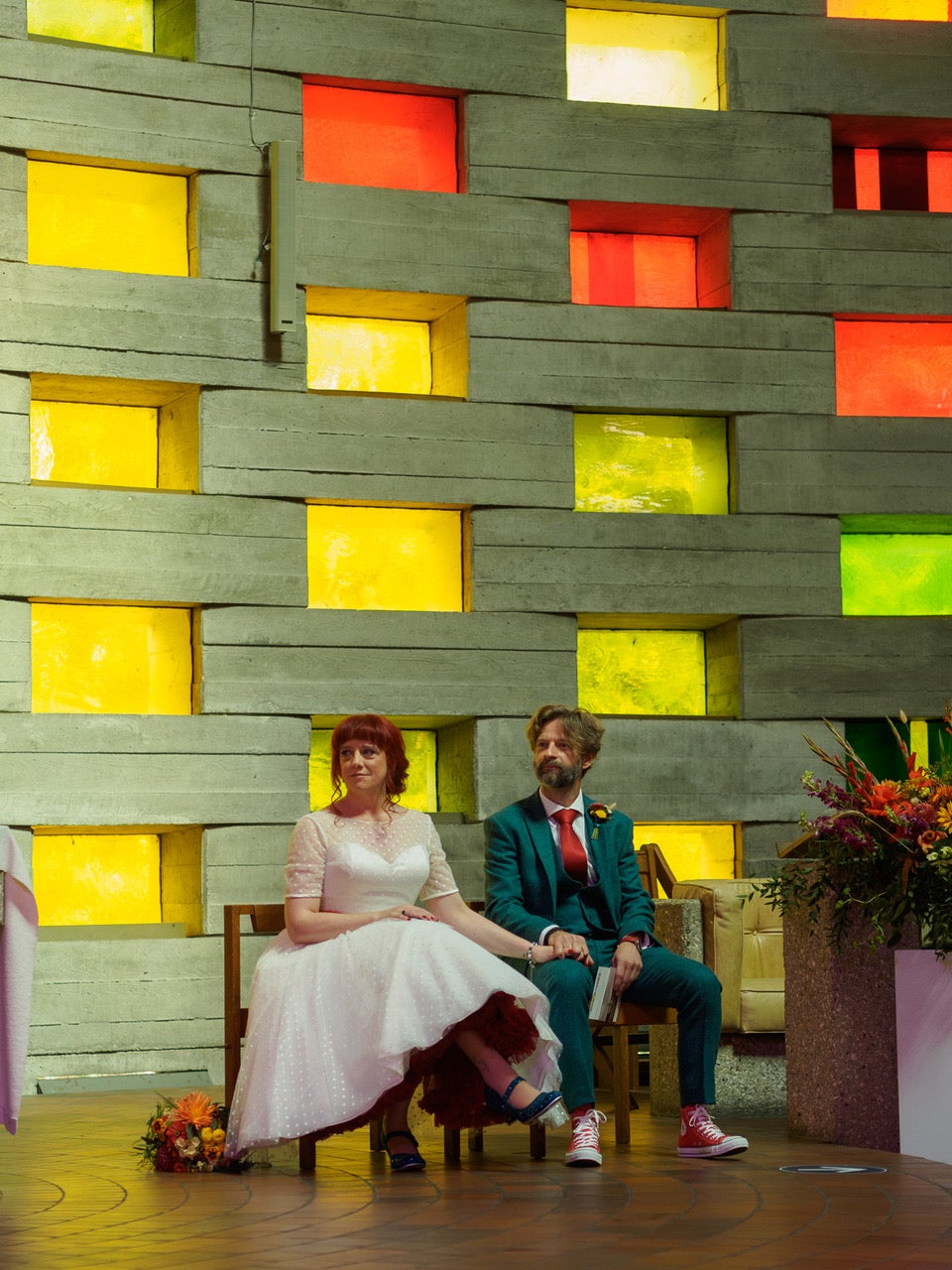 Our wedding was in Basil Spence’s concrete and stained glass creation, the Meeting House at Sussex University