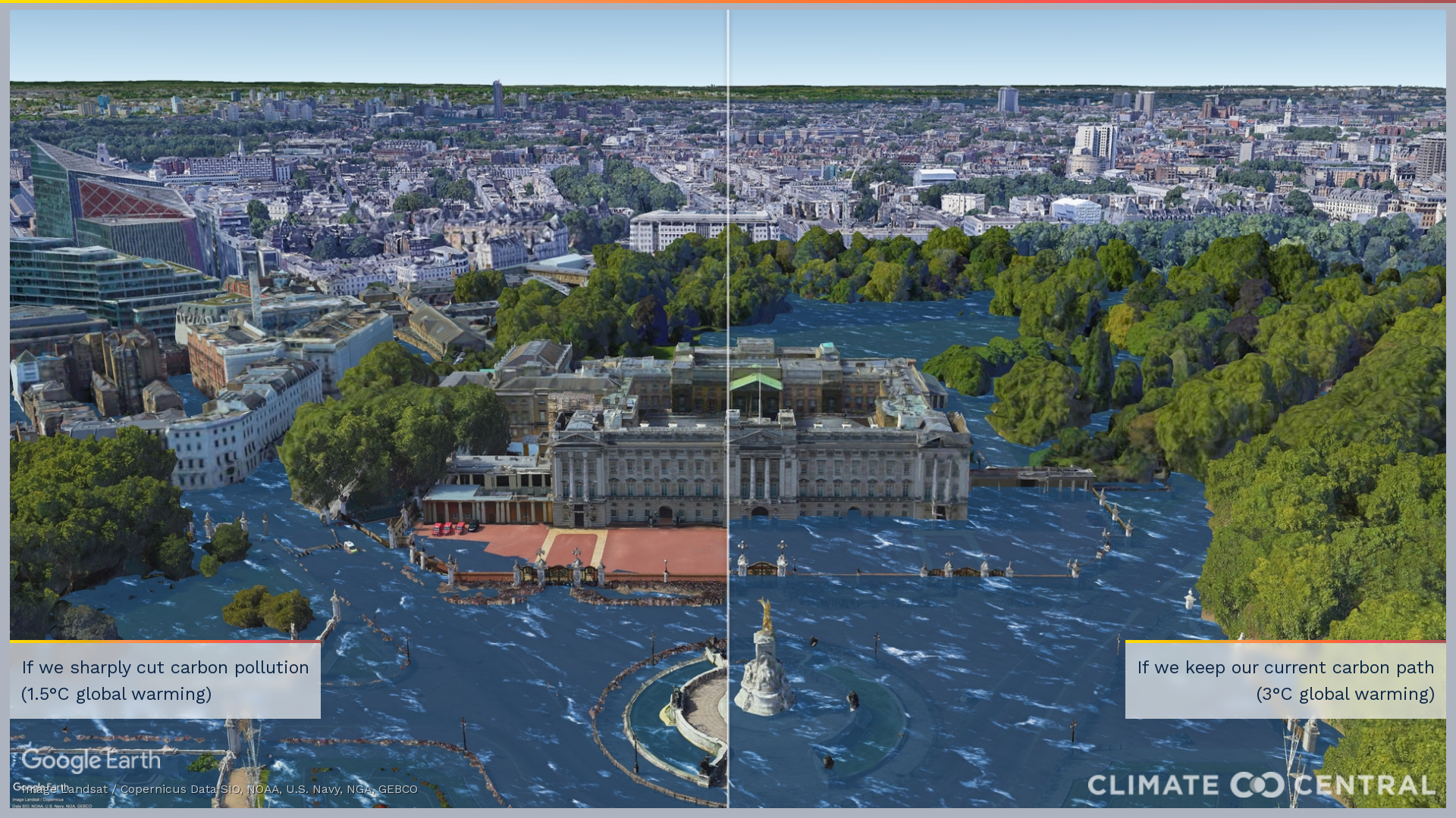 Potential extent of sea level rise at Buckingham Palace under 1.5C (left) and 3C of global heating