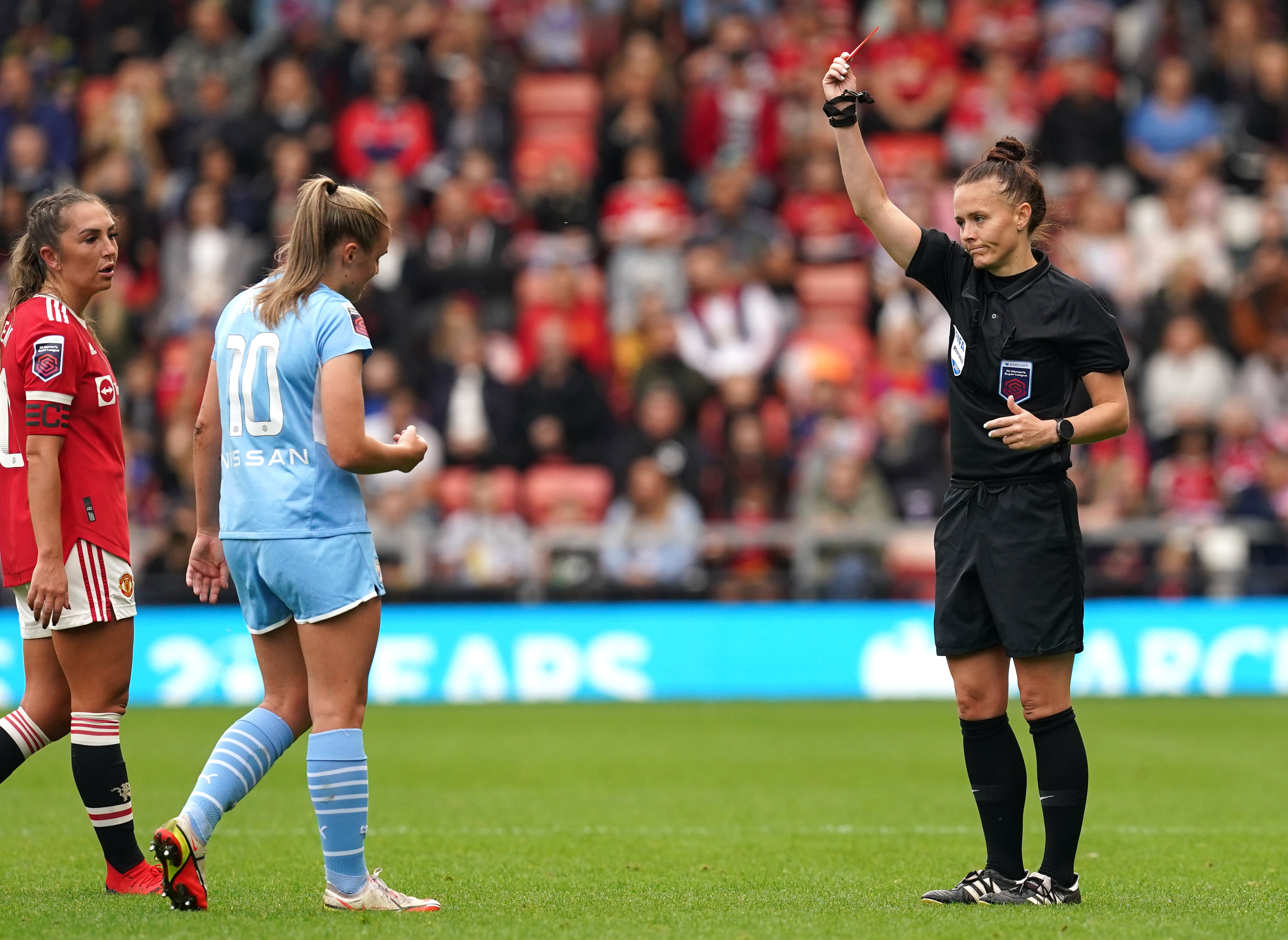 England’s Georgia Stanway was sent off in Manchester City’s 2-2 draw at Manchester United on Saturday (Martin Rickett/PA)