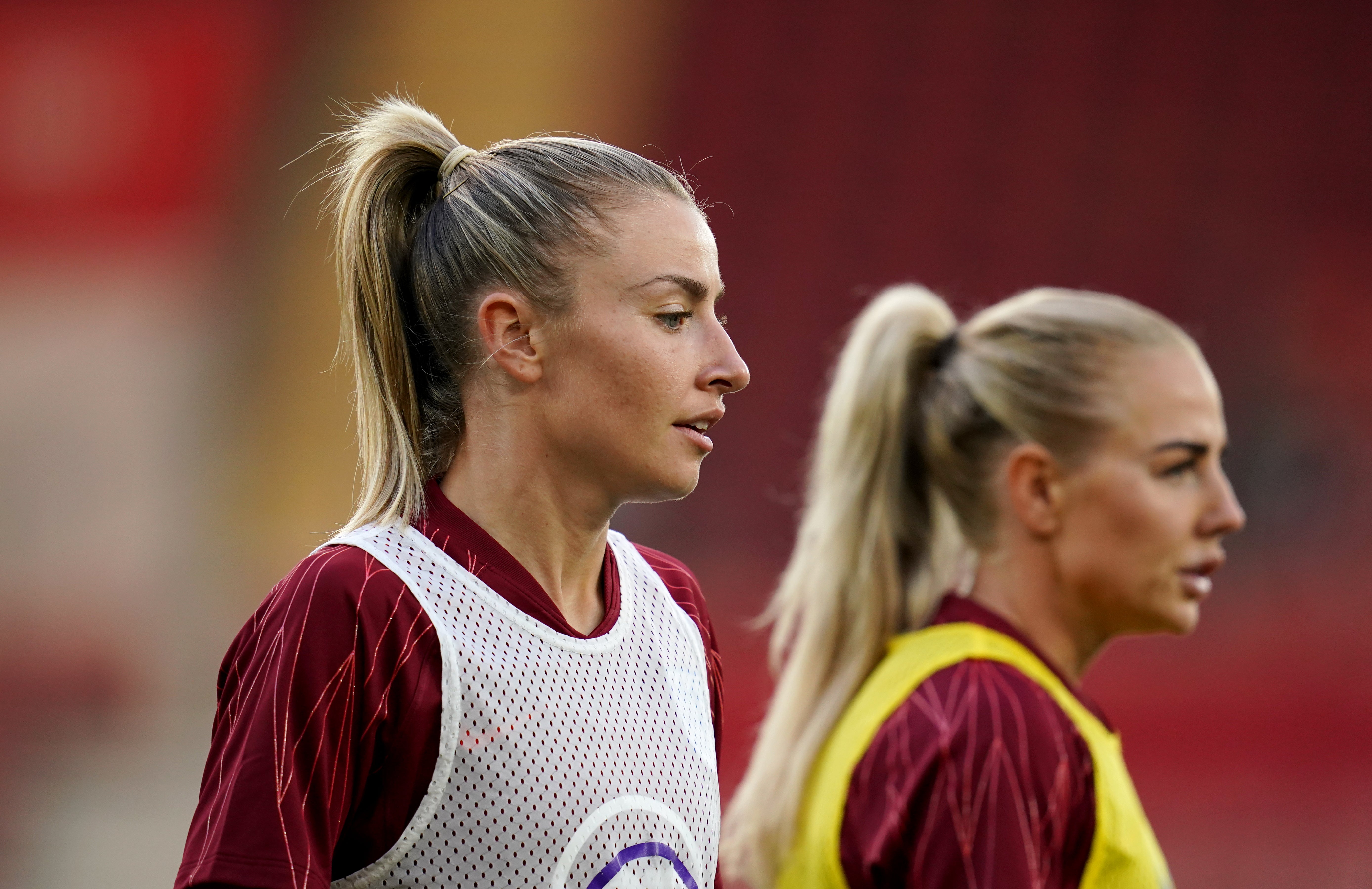 Leah Williamson, left, captained England in last month’s matches against North Macedonia and Luxembourg (John Walton/PA)