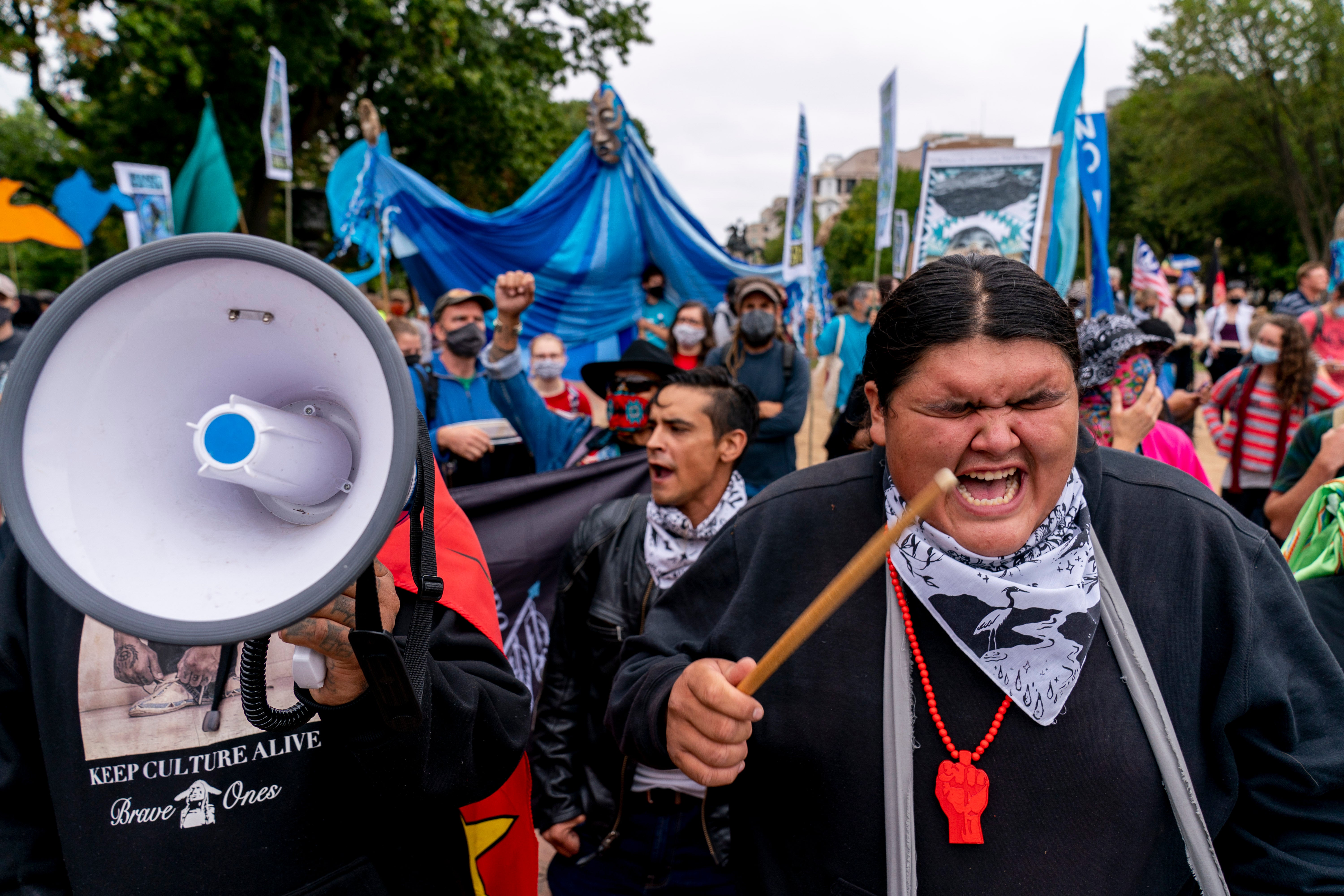 ‘Expect us’: Indigenous activists lead Washington DC protests to demand Biden declare climate emergency