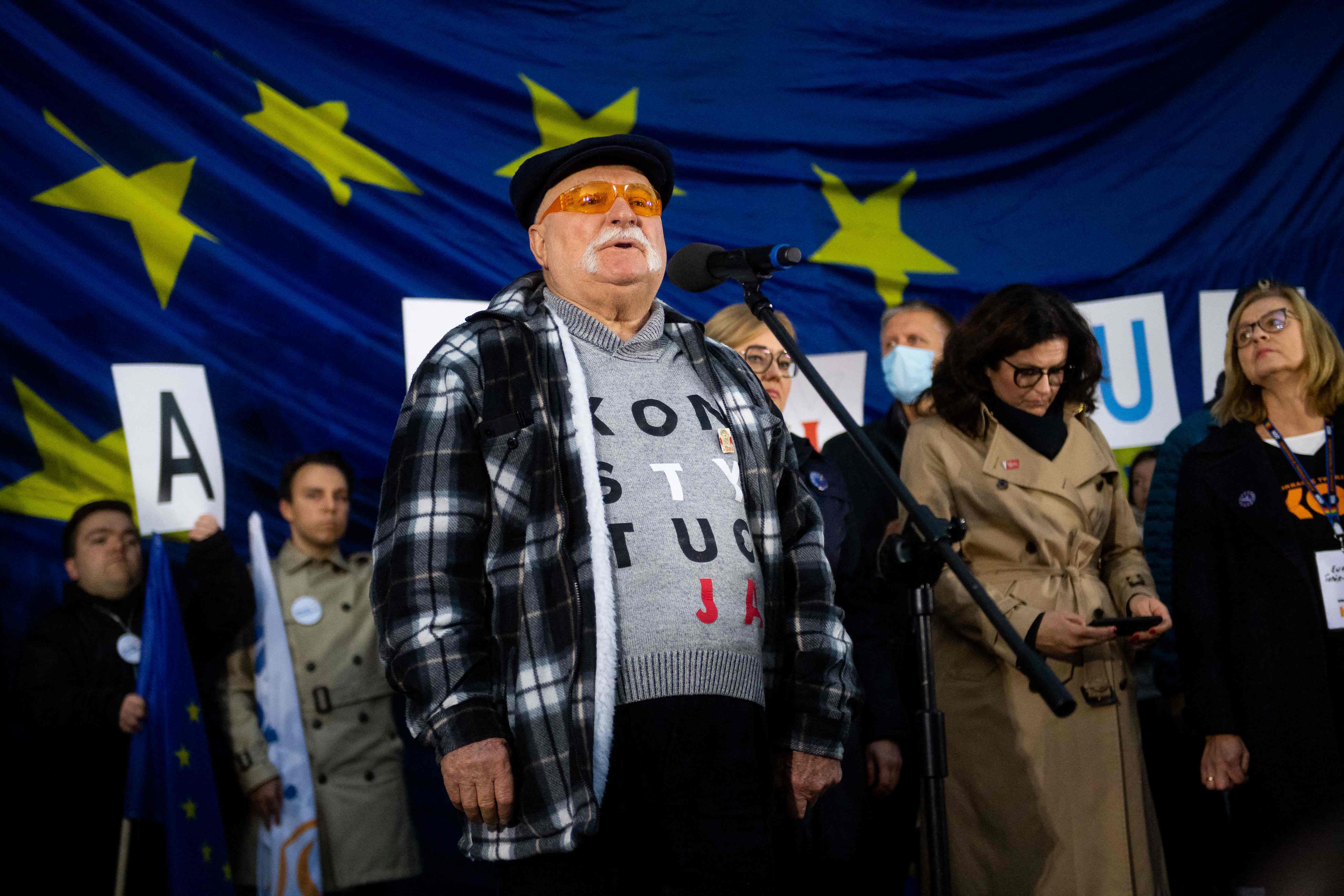 Former Polish president Lech Walesa addresses participants during a pro-EU demonstration in Gdansk on Sunday