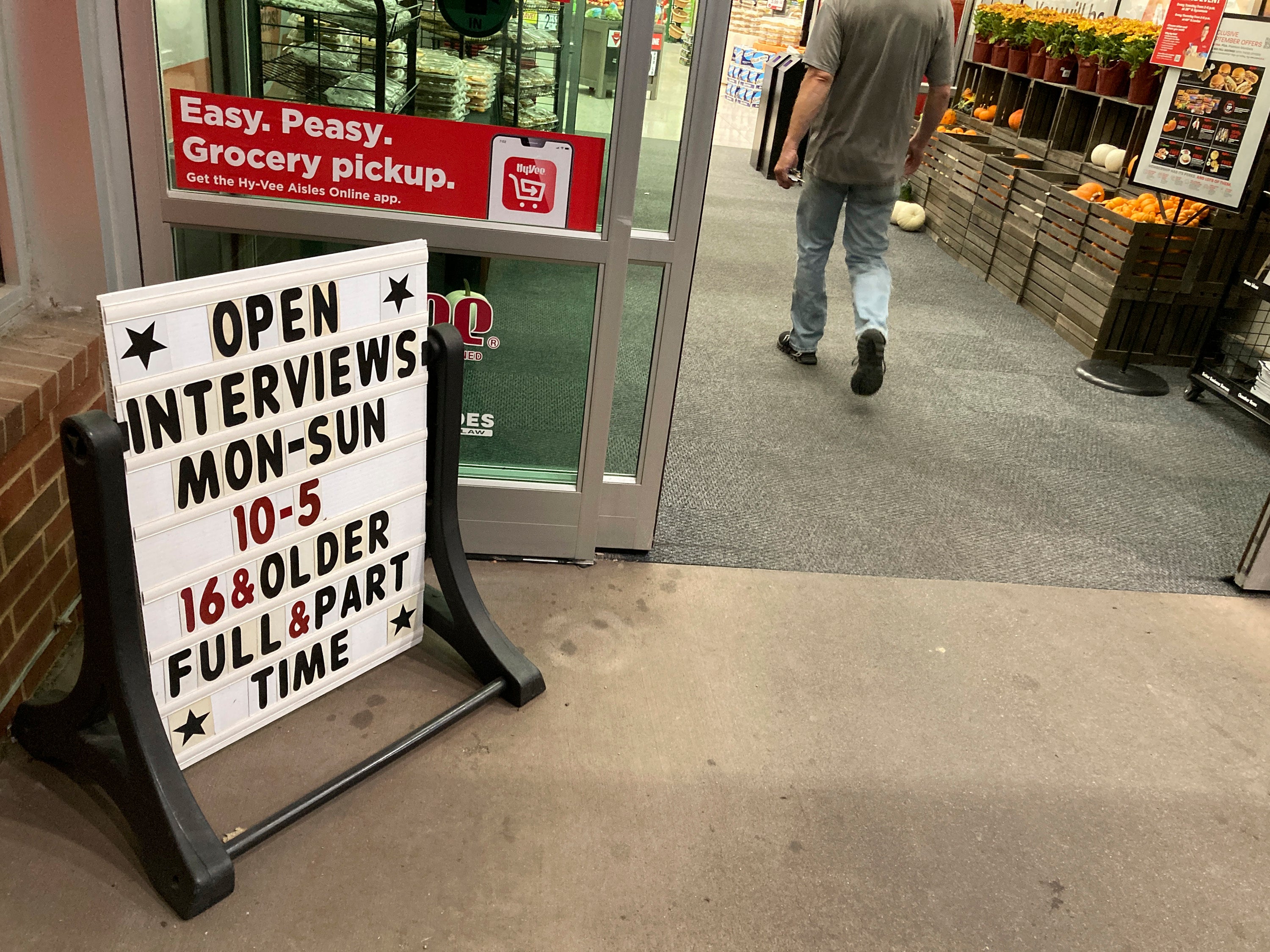 File: A sign advertising jobs outside a Hy-Vee grocery store in Sioux Falls, South Dakota. A company representative told The Independent that recruitment for the security force was by a ‘select process’ and not by open interview.