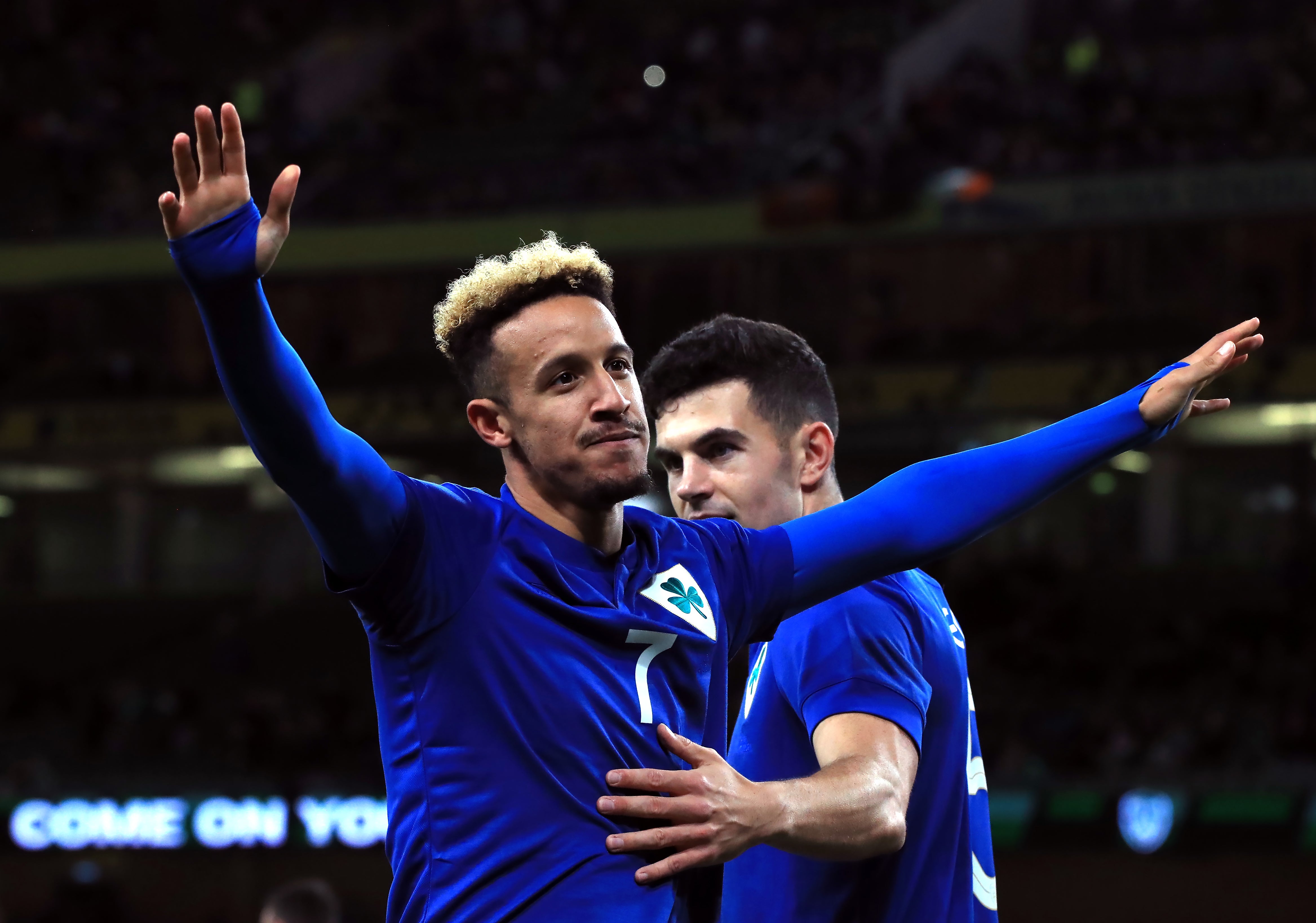 Republic of Ireland striker Callum Robinson, left, scored a hat-trick in a 4-0 friendly win over Qatar (Donall Farmer/PA)