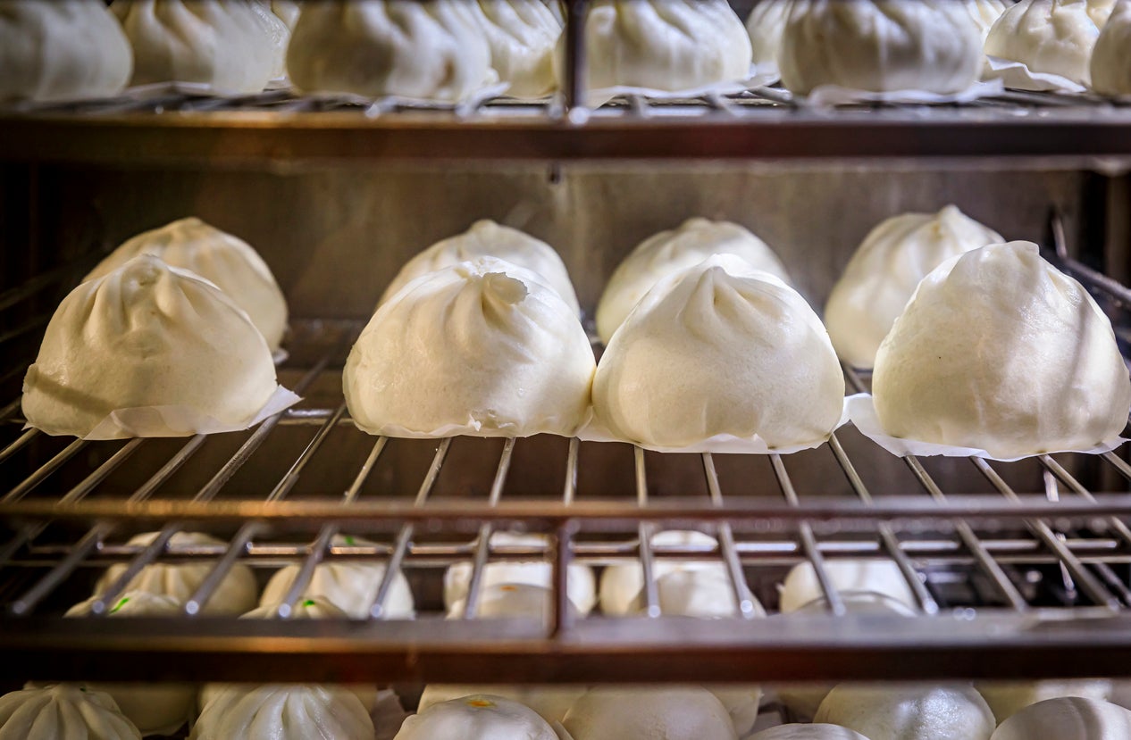 Dumplings warming at Telok Ayer Market hawker centre in Singapore