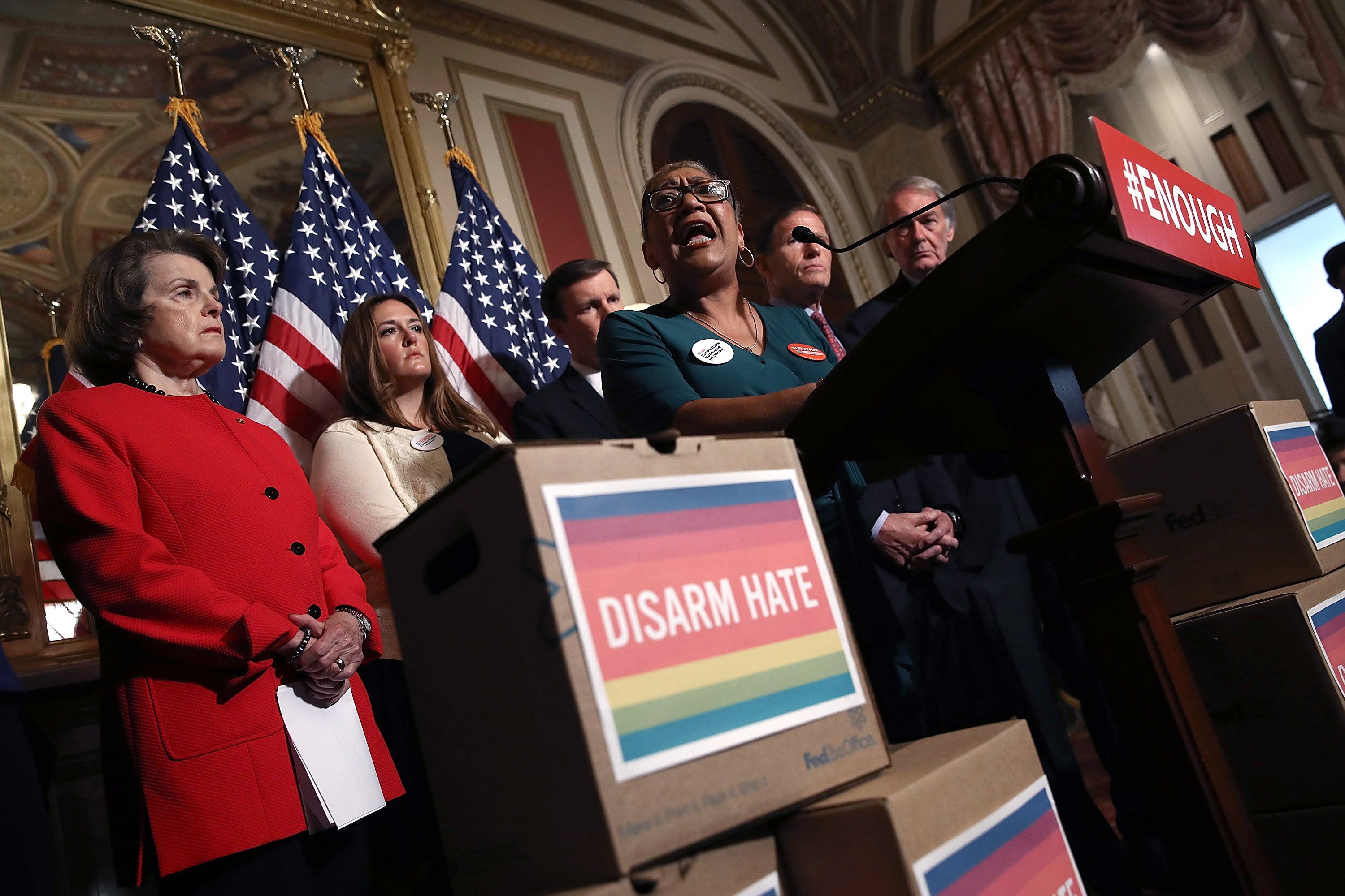 In the wake of the Pulse shooting in Orlando, Florida, the Rev Sharon Risher, daughter of Ethel Lance, and cousin to Susie Jackson and Tywanza Sanders, speaks at a press conference held by Democratic senators calling for action on gun violence on 16 June, 2016