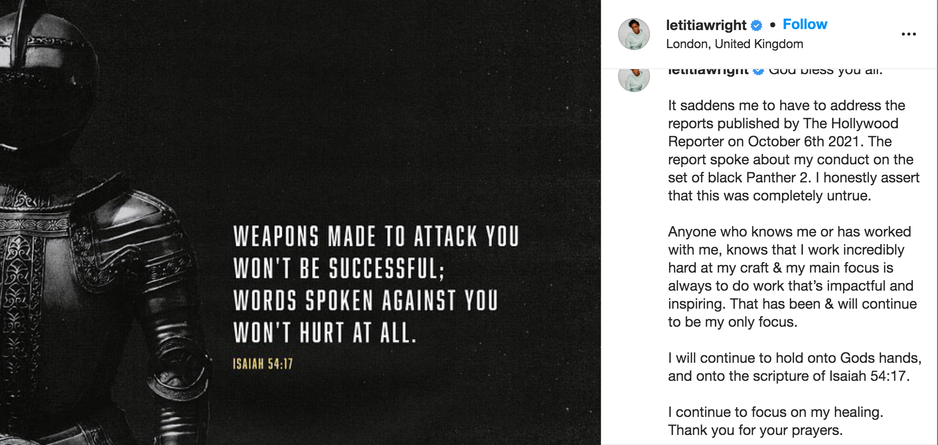 Letitia Wright defends herself from anti-vax claim on Instagram