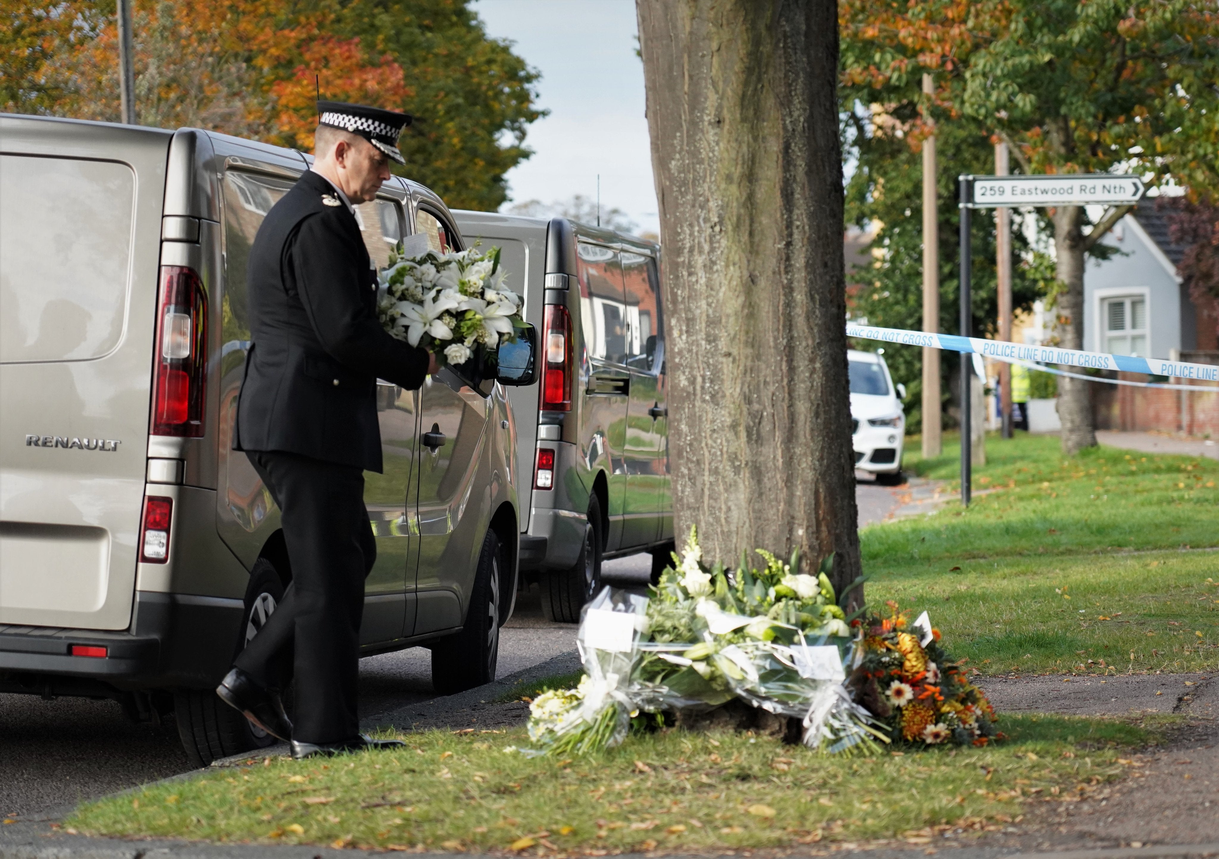 The chief constable of Essex Police lays flowers in tribute to Conservative MP Sir David Amess outside Belfairs Methodist Church in Leigh-on-Sea