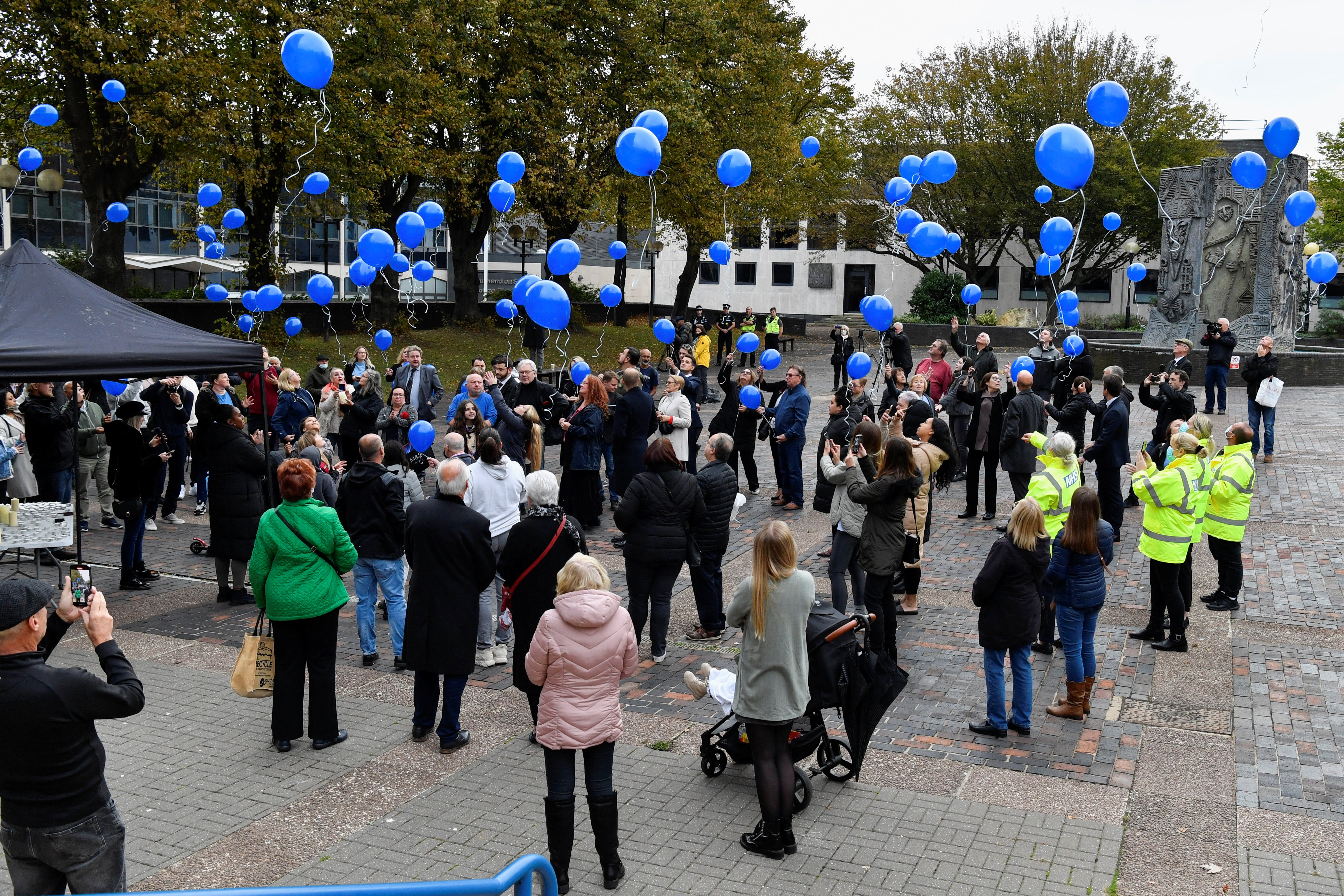 Balloons are released outside the Civic Centre in Southend-on-Sea on Saturday