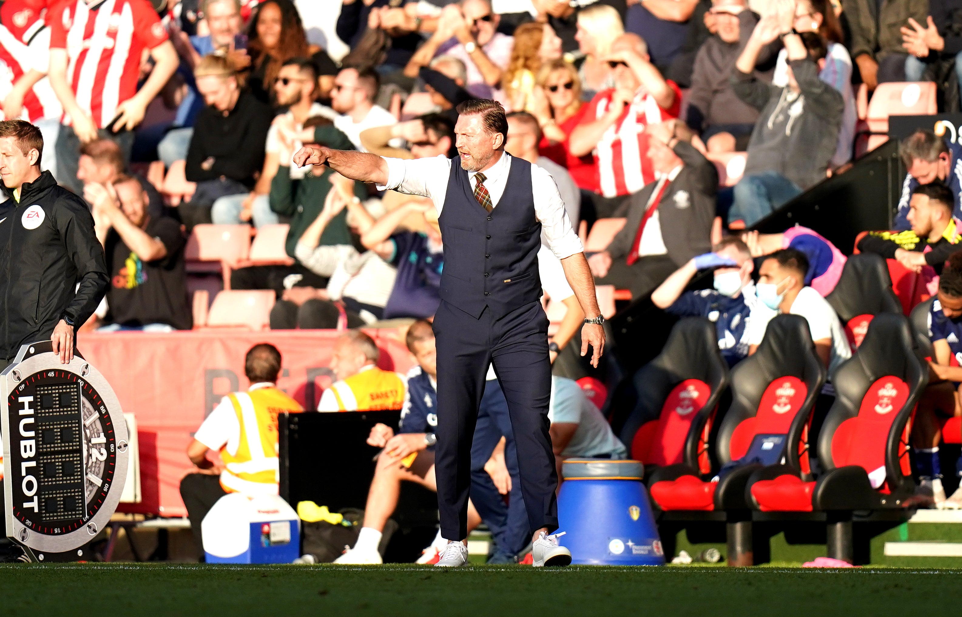 Southampton manager Ralph Hasenhuttl gestures on the touchline during the Premier League match at St. Mary’s Stadium, Southampton. Picture date: Saturday October 16, 2021.