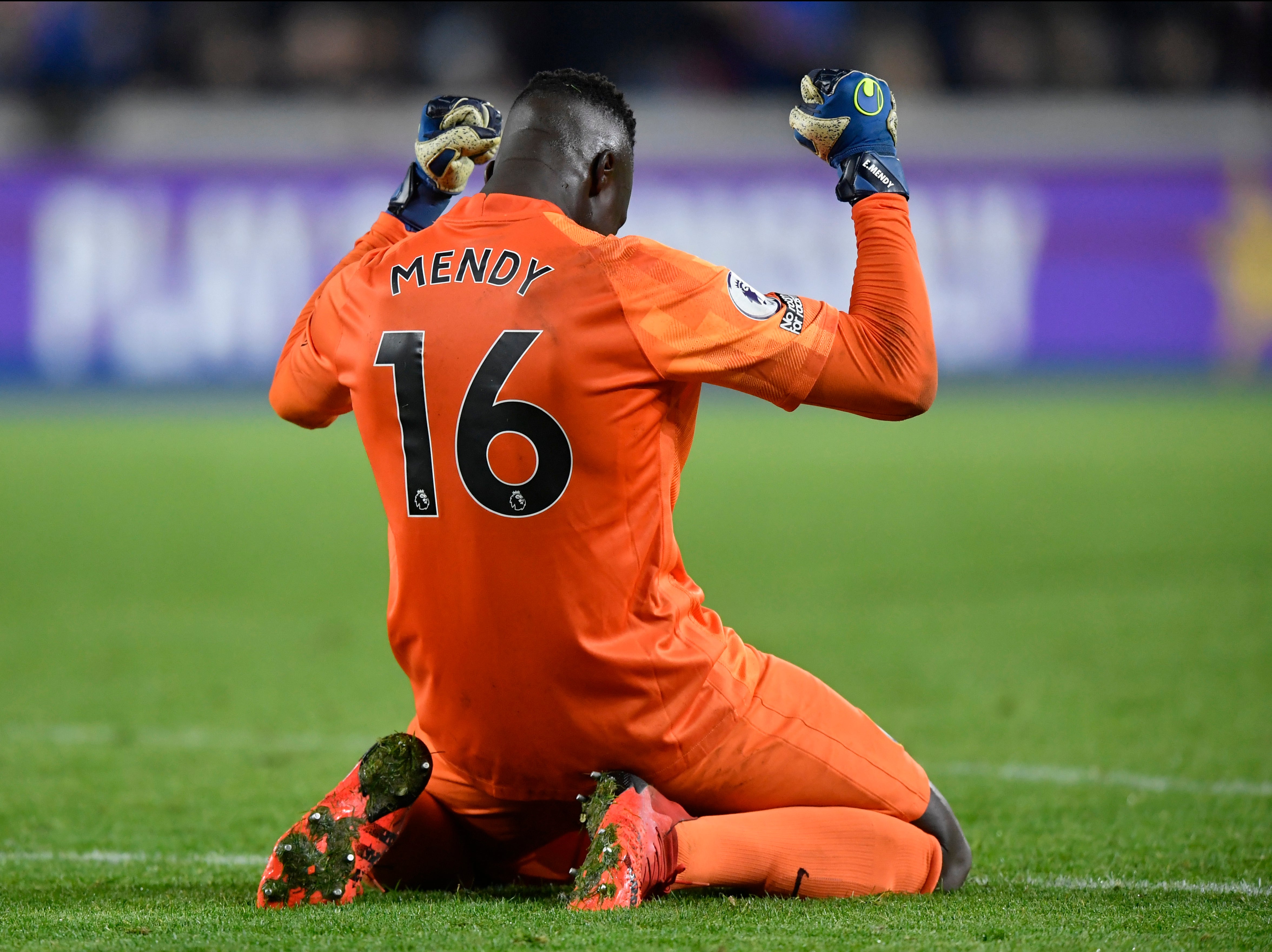 Chelsea goalkeeper Edouard Mendy celebrates his side’s win at Brentford