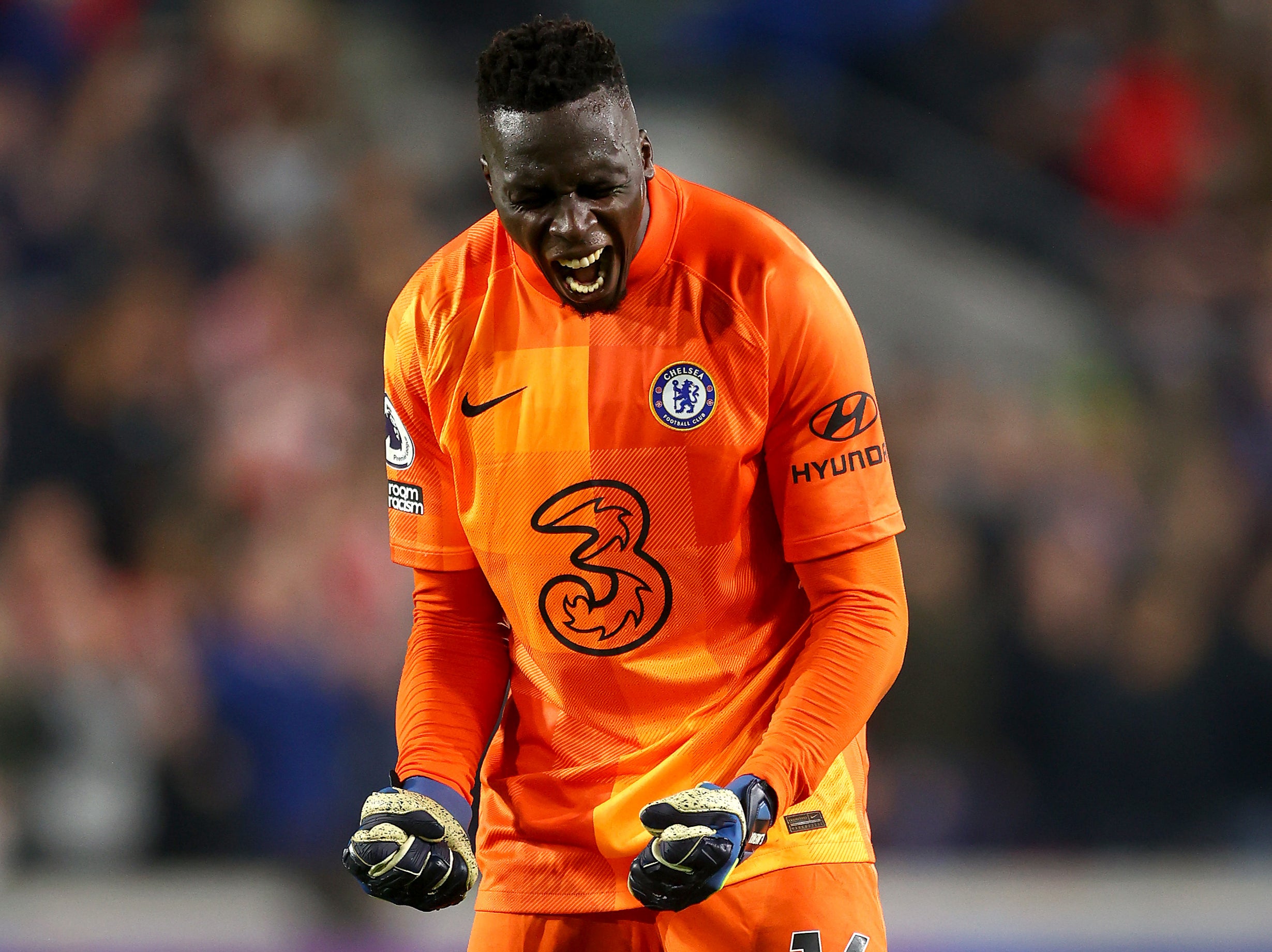 Chelsea goalkeeper Edouard Mendy celebrates his side’s win at Brentford