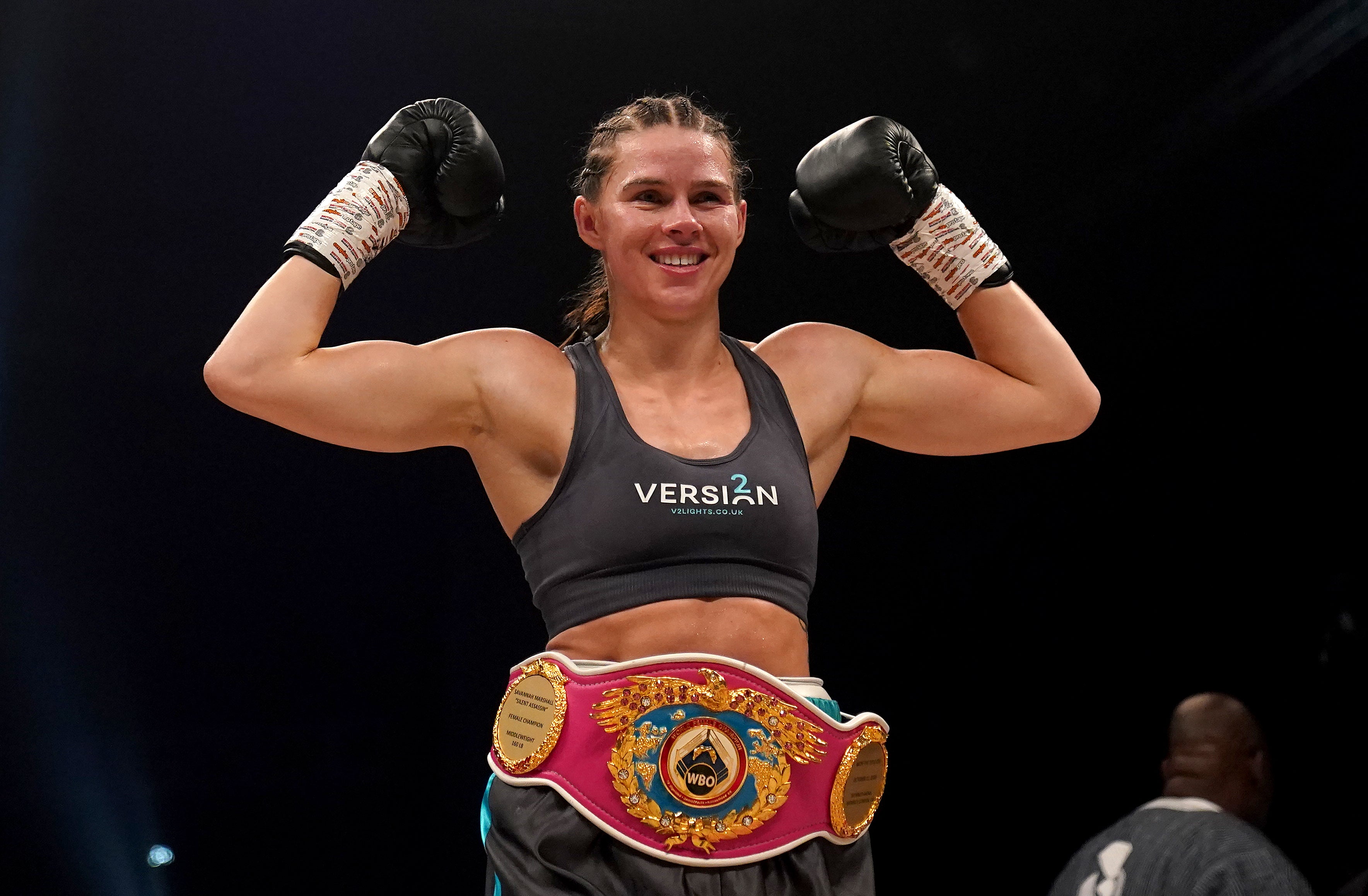 Savannah Marshall celebrates victory over Lolita Muzeya (Owen Humphreys/PA)