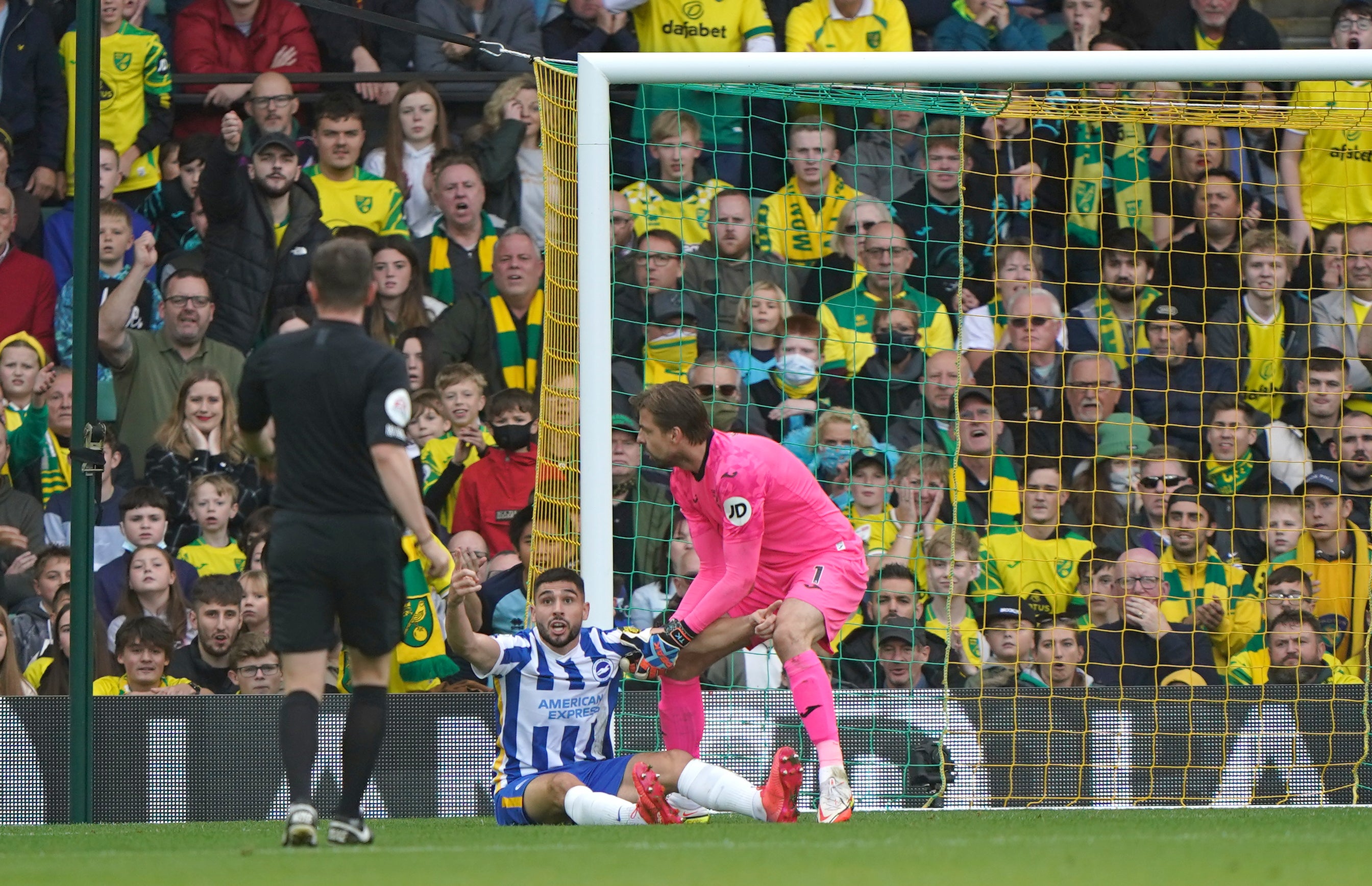 Neal Maupay (centre) appealed for a penalty during Brighton’s match at Norwich (Joe Giddens/PA)