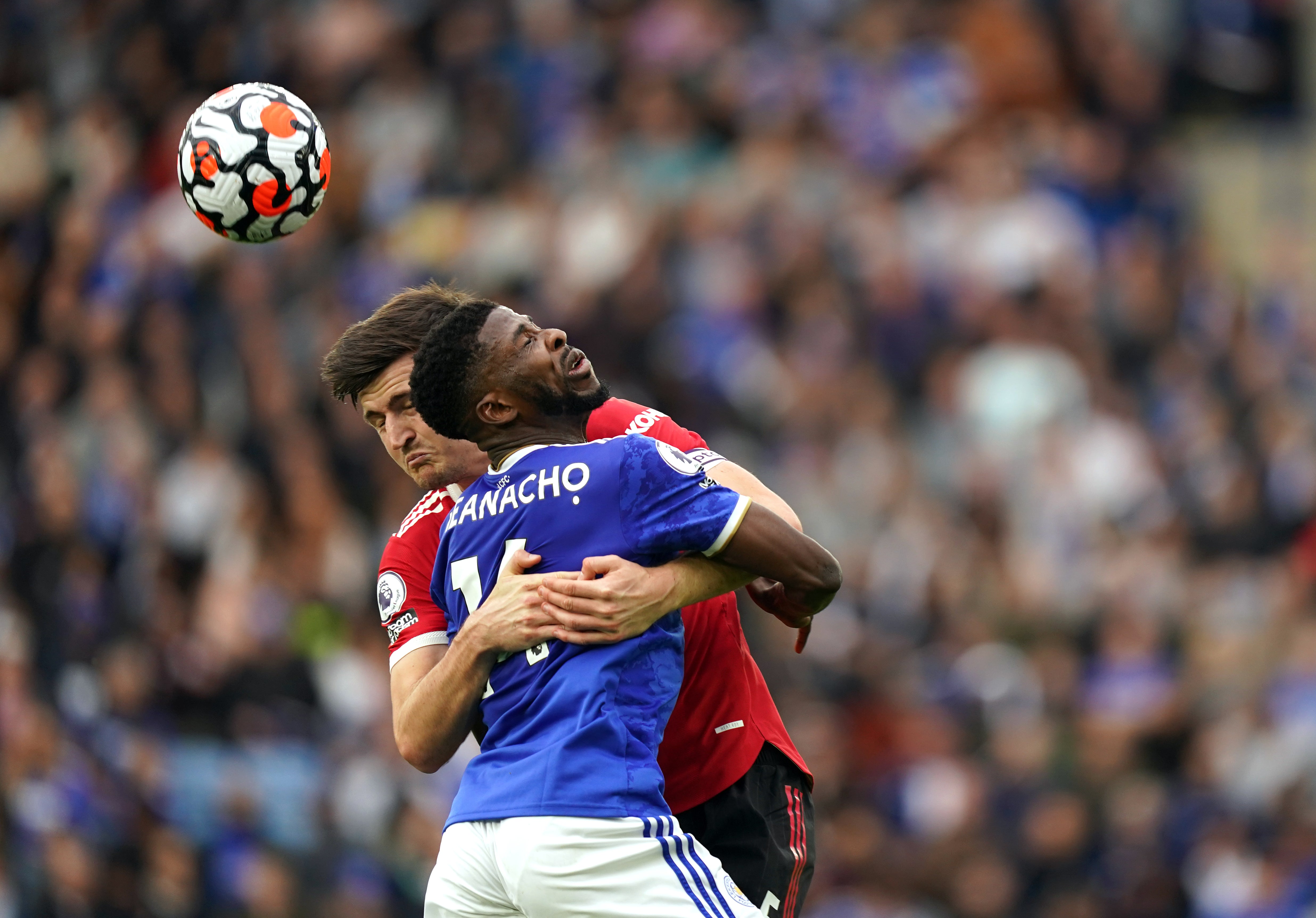 Harry Maguire (left) and Kelechi Iheanacho battled for the ball (Mike Egerton/PA)