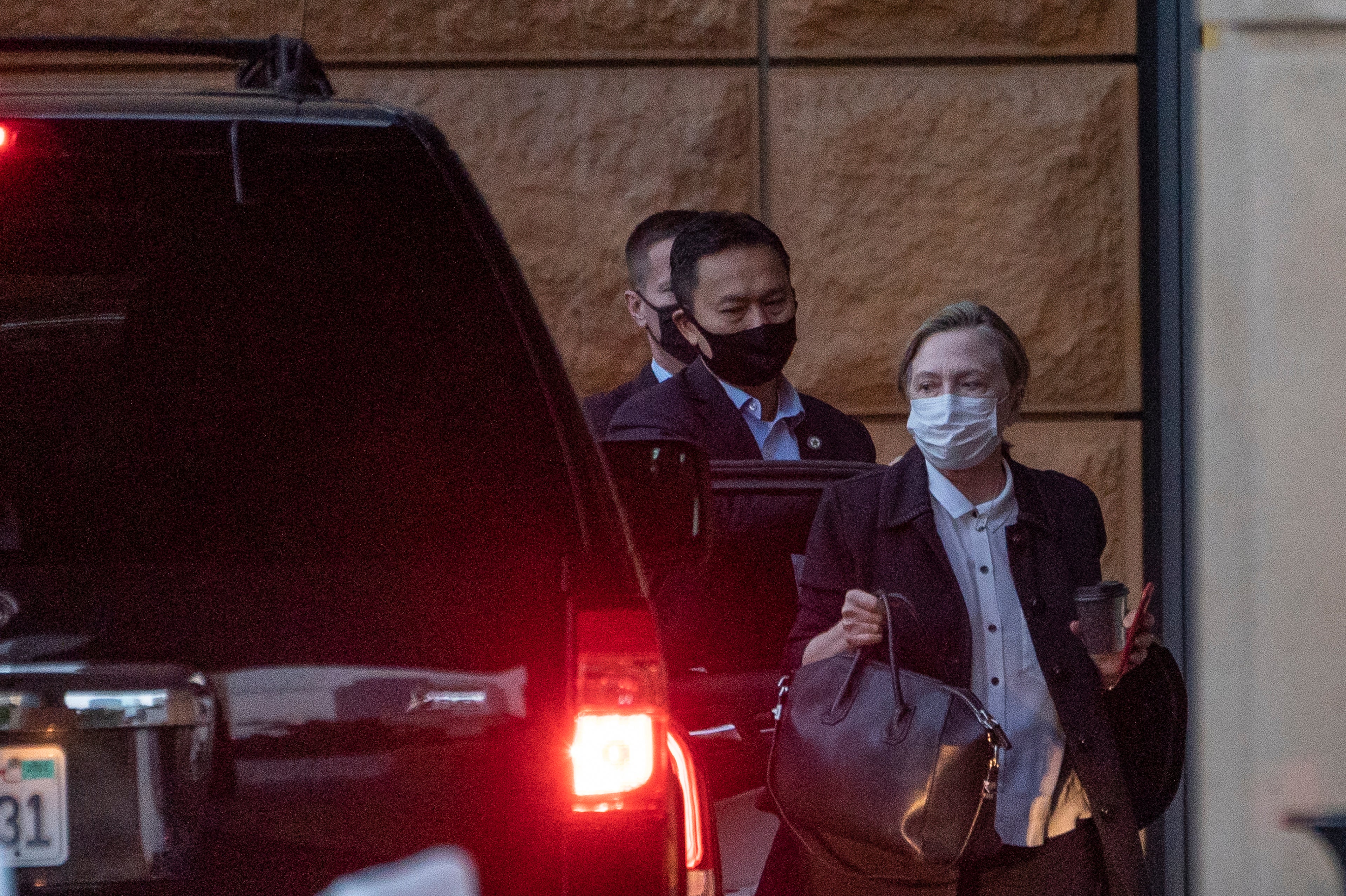 Hillary Clinton, pictured outside Irvine Medical Center on Sunday morning