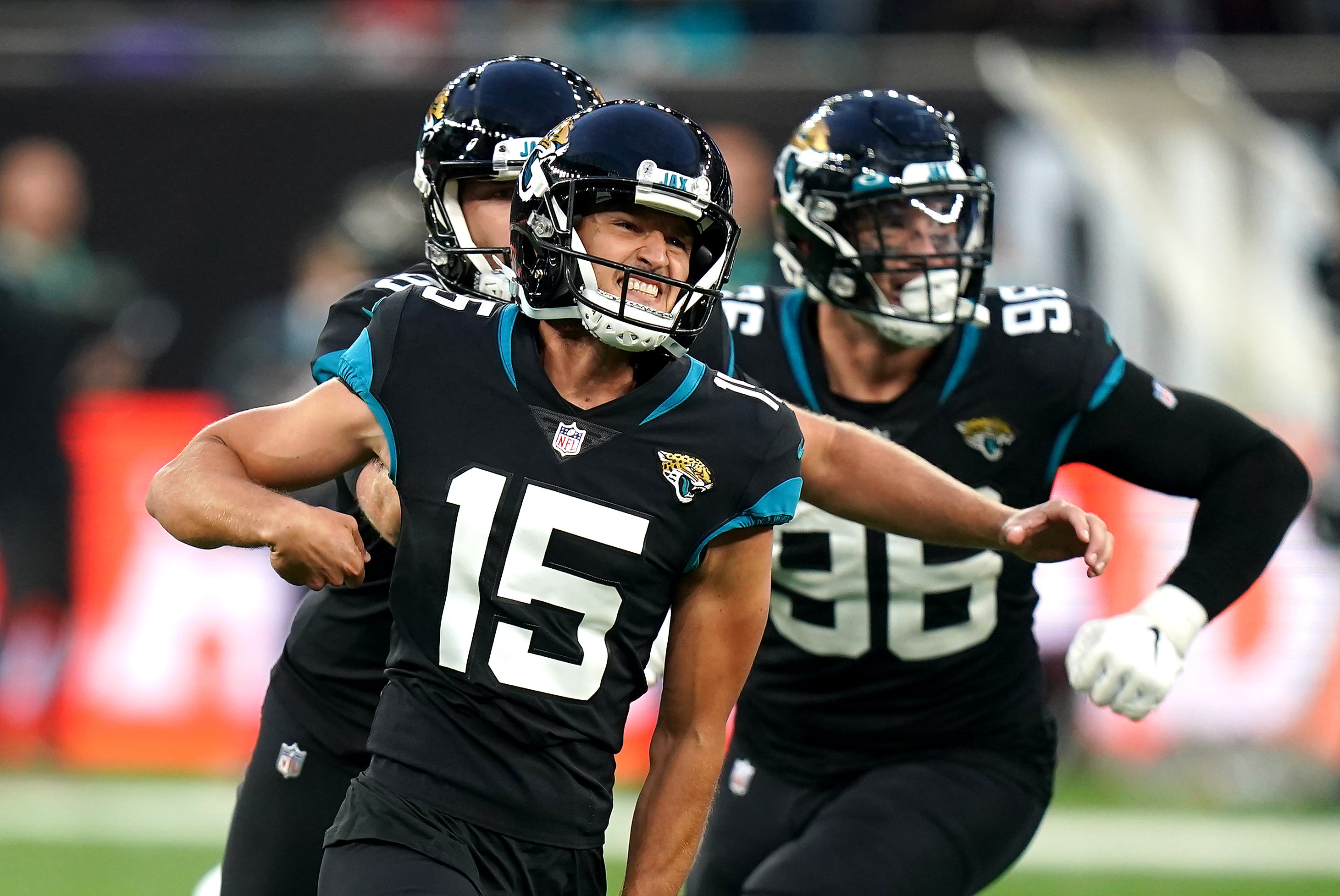 Matthew Wright celebrates scoring Jacksonville’s winning field goal (Adam Davy/PA)