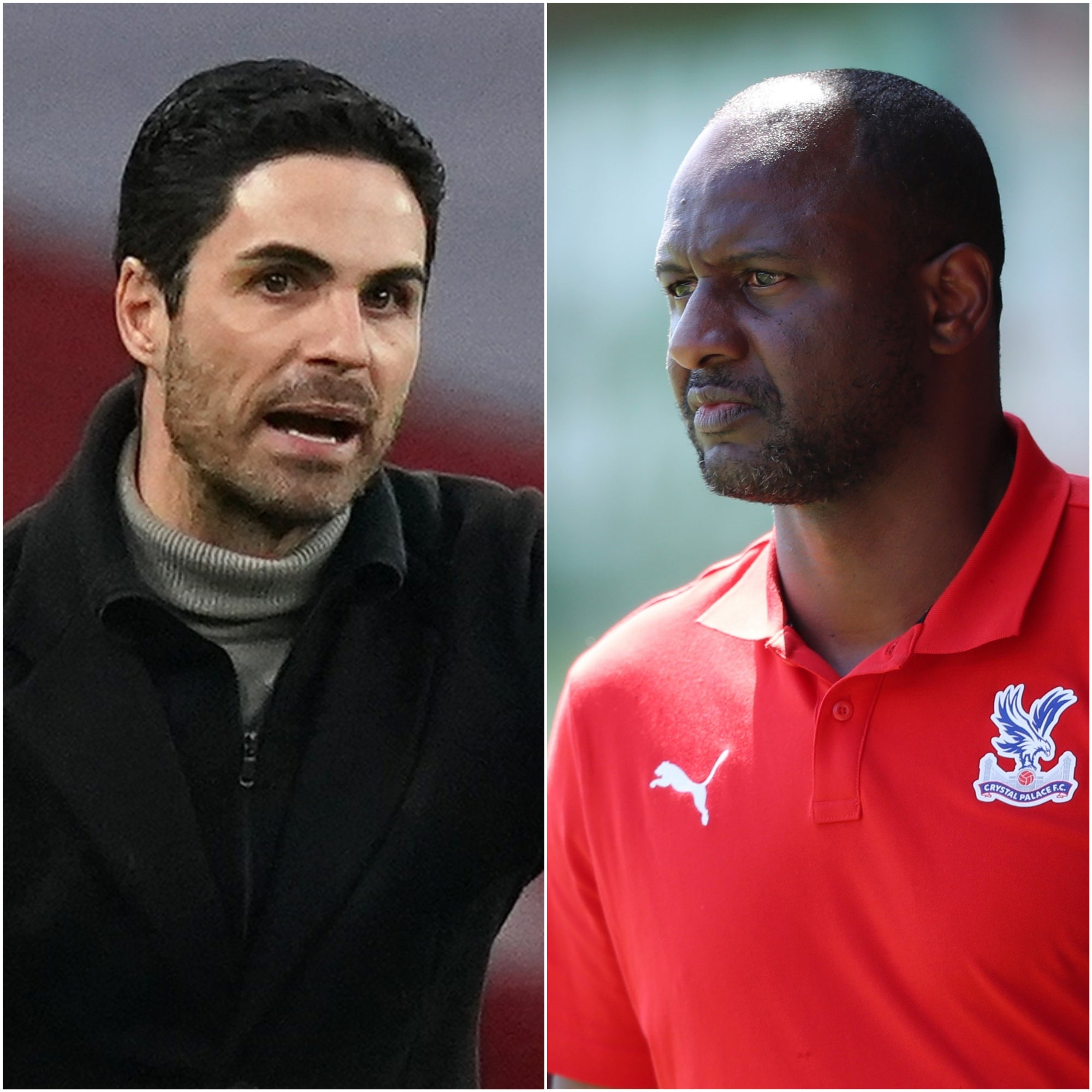 Mikel Arteta (left) and Patrick Vieira face each other on Monday (John Walton/Morgan Harlow/PA)