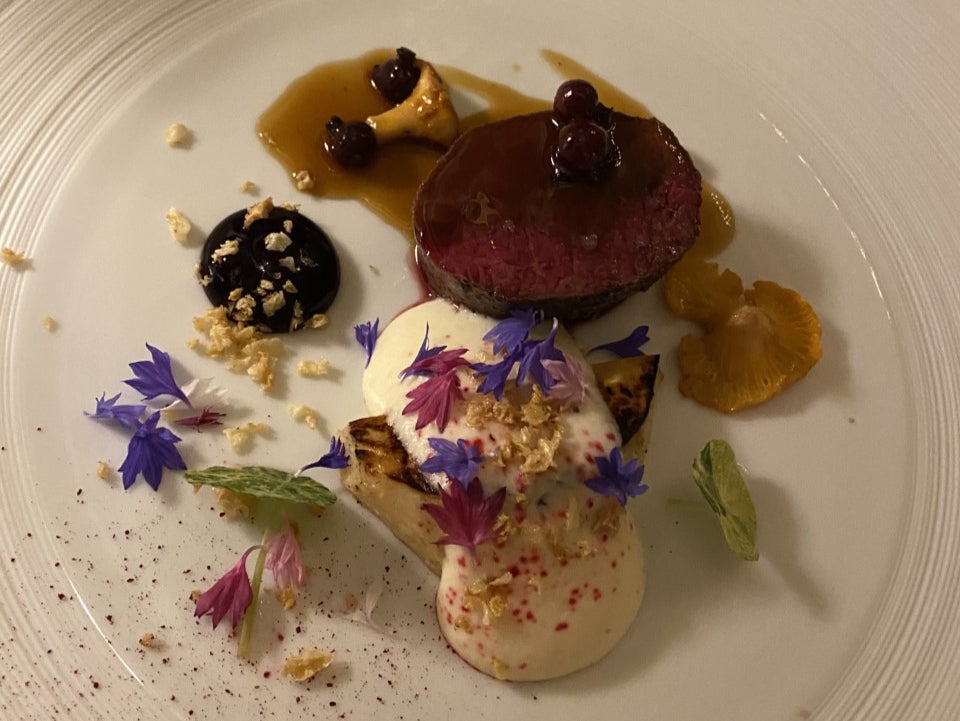 Venison loin with blackcurrant and celeriac