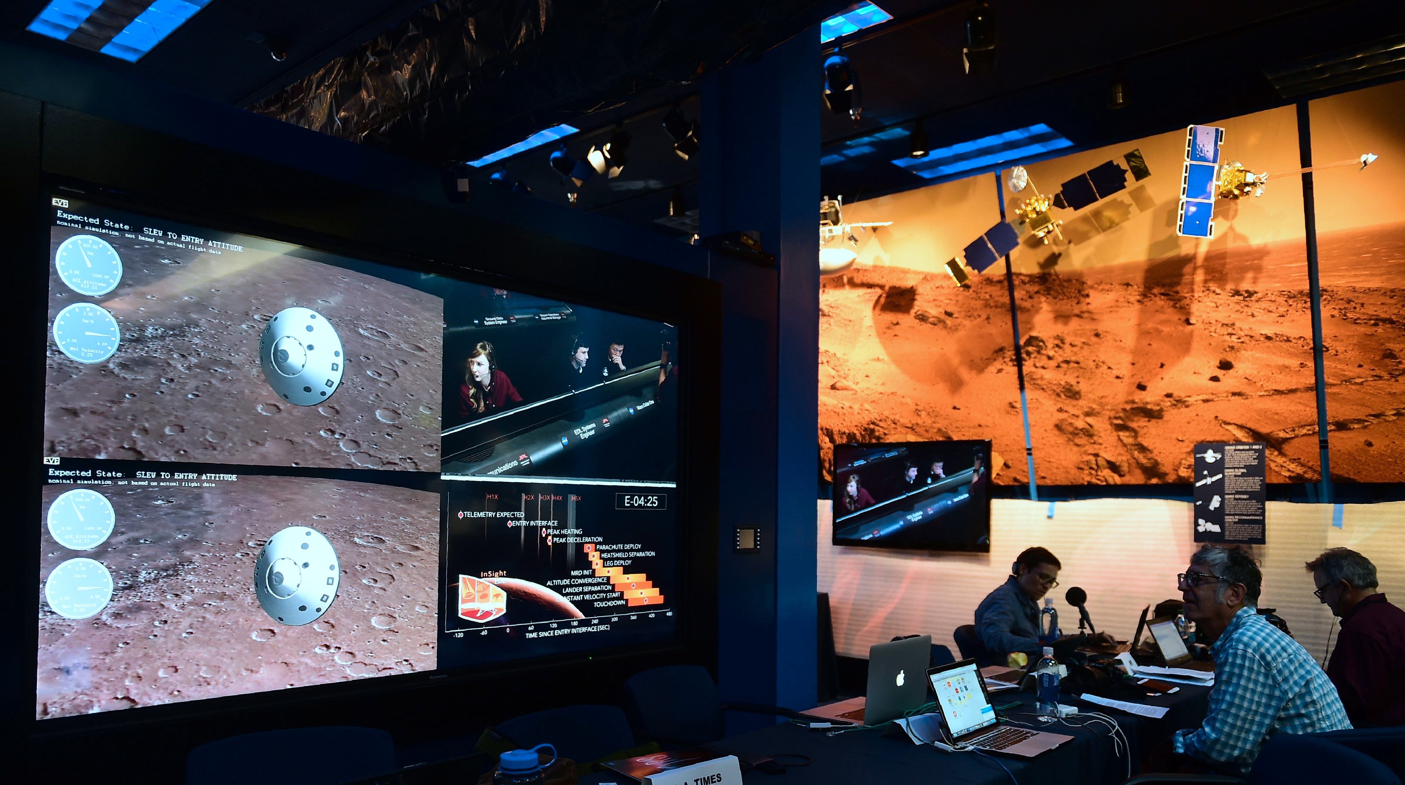 Scientists watch the landing of Nasa’s InSight spacecraft on Mars, 2018