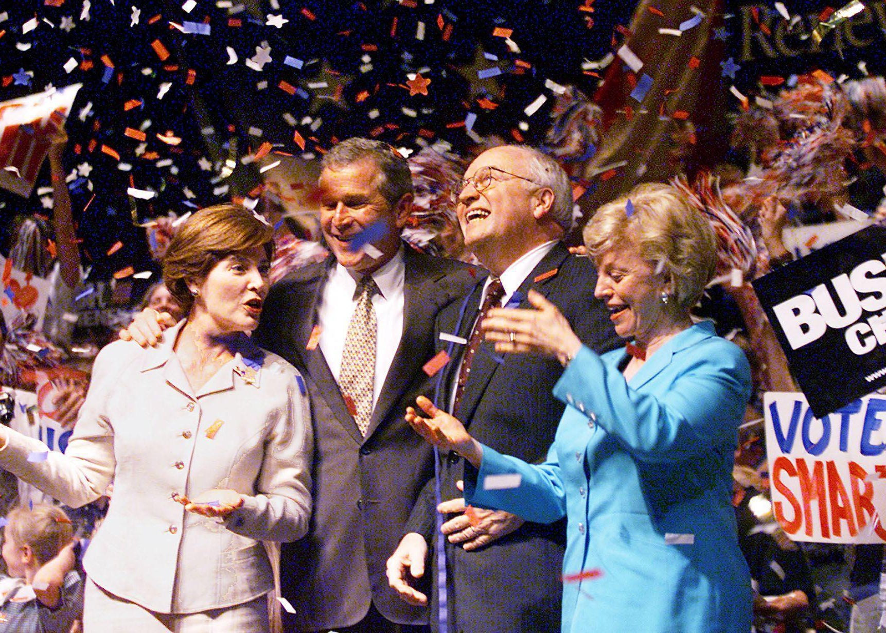 Then Republican presidential candidate George W. Bush (second left), his wife Laura (left), vice-presidential running mate Cheney (second right) and his wife Lynne (right) in 2000