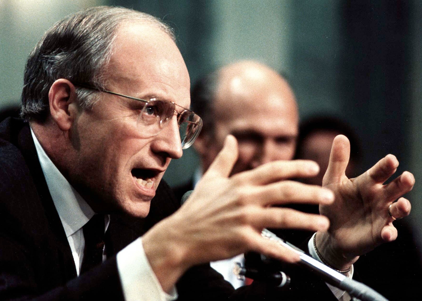 Cheney appears before the Senate Armed Services Committee on the first day of hearings in 1989