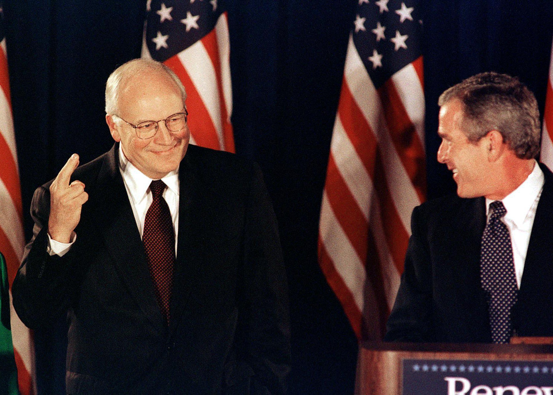 Cheney crosses his fingers when announced as the ‘next vice president of the United States’ in 2000