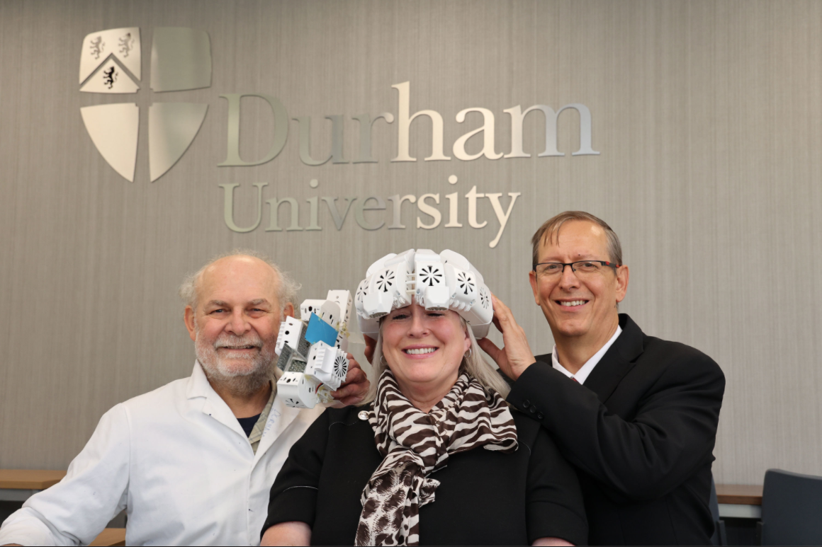 Lead researcher Dr Paul Chazot (left), pictured with GP Dr Gordon Dougal, who devised the helmet and Tracy Sloan who used it to improve her memory