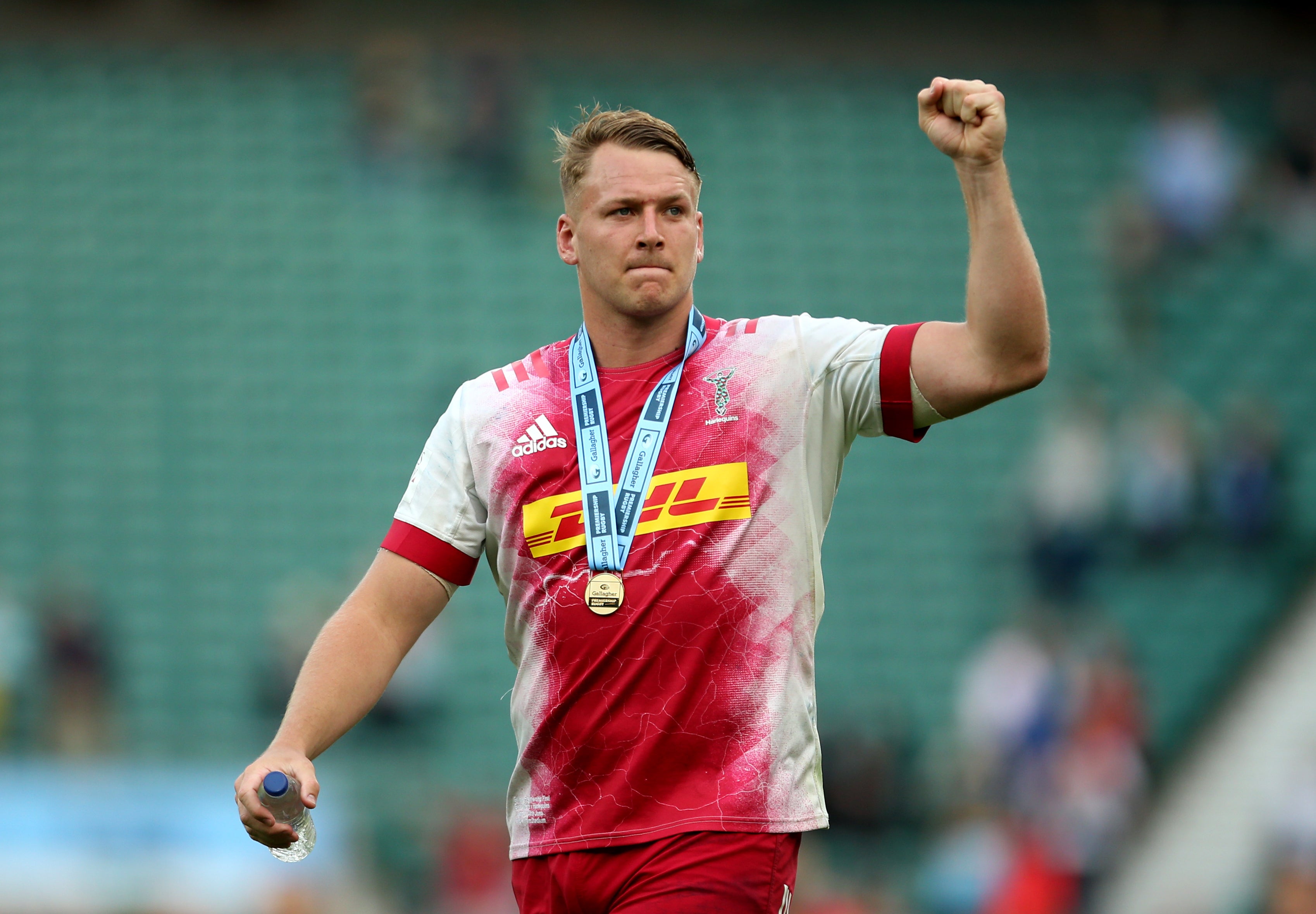 Alex Dombrandt celebrates Harlequins winning the 2021 Gallagher Premiership title (Steve Paston/PA)