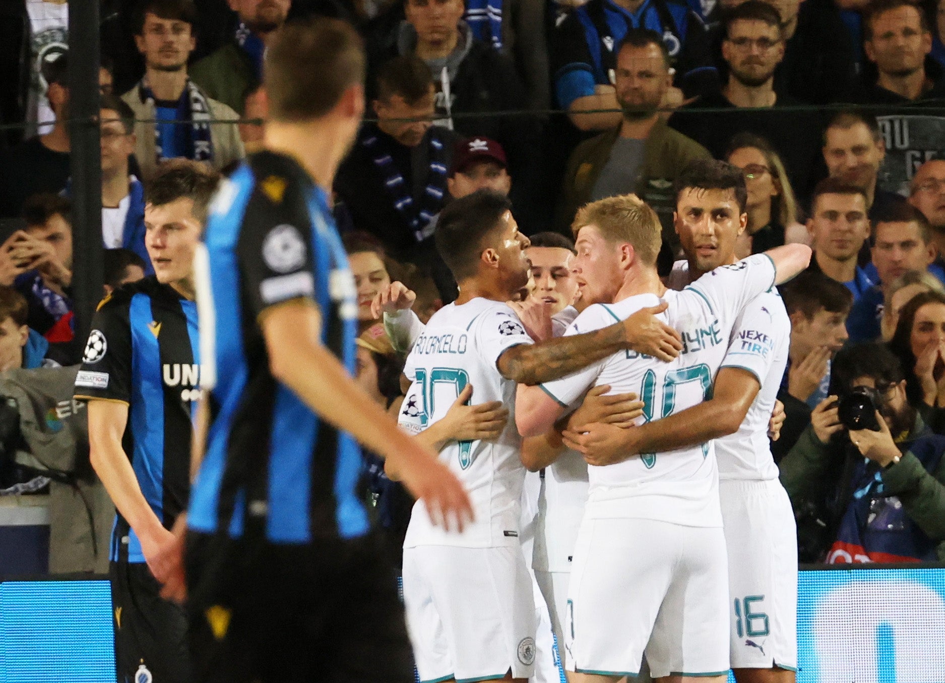 Manchester City celebrate after Riyad Mahrez’s penalty